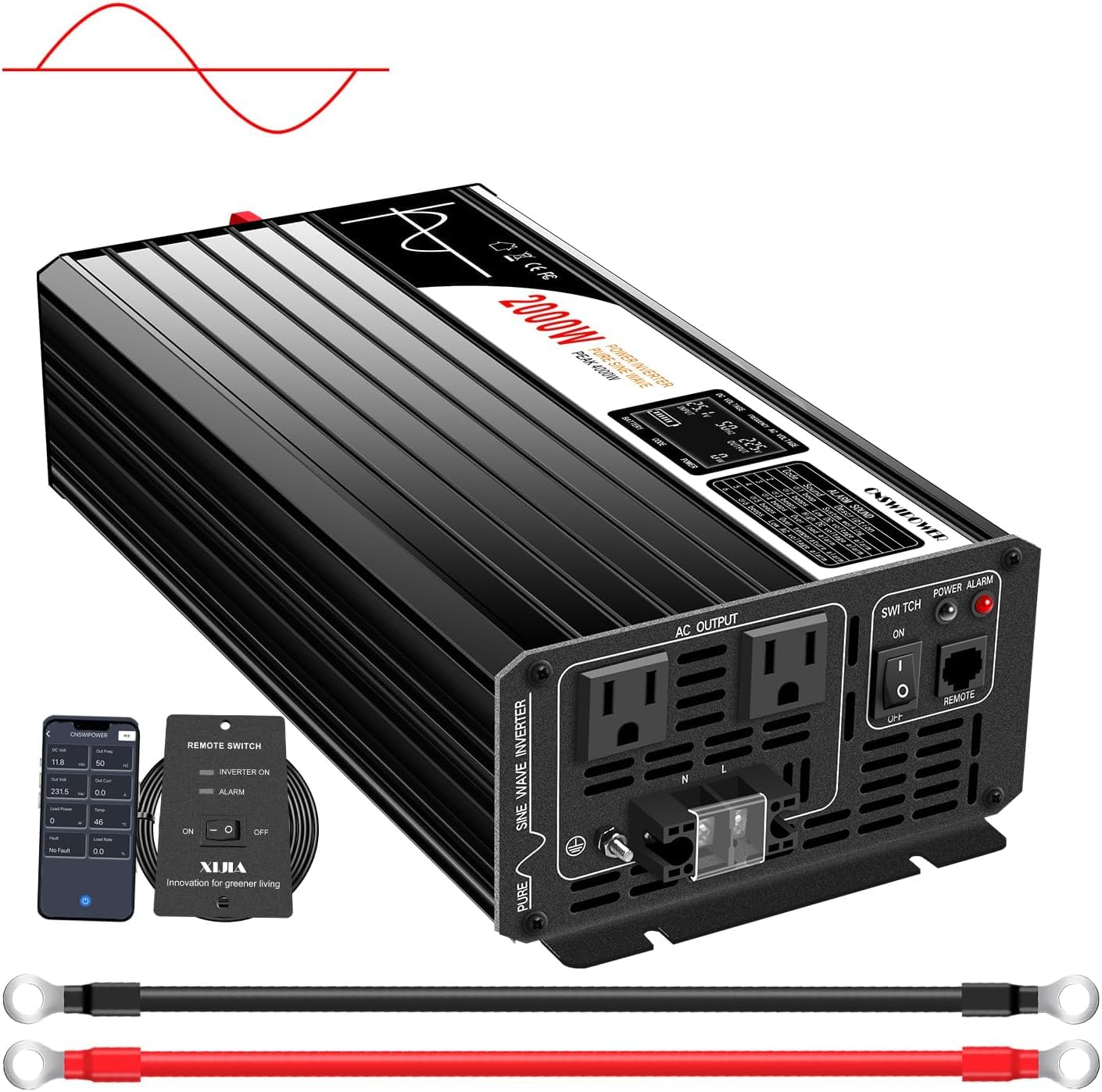 Xijia 2000W Pure Sine Wave Inverter，24V to 120V AC Converter for Home，Solar Systems，Remote and Bluetooth Control for Truck，Camping，with 2 20A AC Socket，Surge Power 4000W
