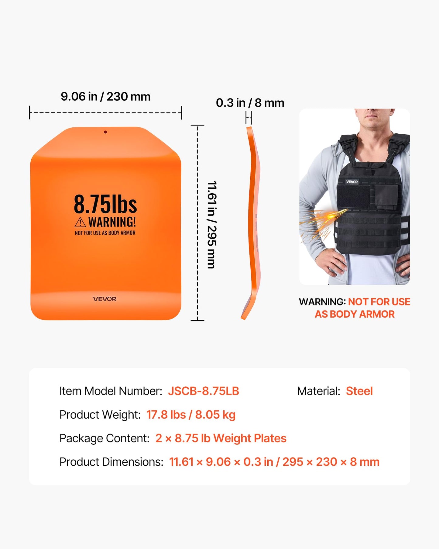 VEVOR Curved Weight Vest Plates, 8.75 LB Pairs, Premium Steel Tactical Weighted Plates for Vest, Ergonomic Design, for Strength Endurance Training, Running, Jogging, Fitness, Heavy Workouts