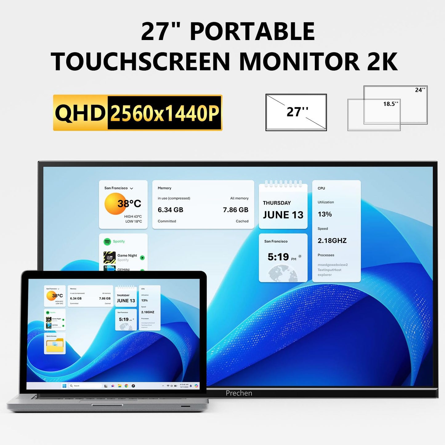 Prechen 27 Inch 2K QHD 100Hz Touchscreen Monitor 10 Point Multi Touch IPS Portable Display, 2560x1440 USB-C HDMI Laptop Monitor with Adjustable Stand & Speakers