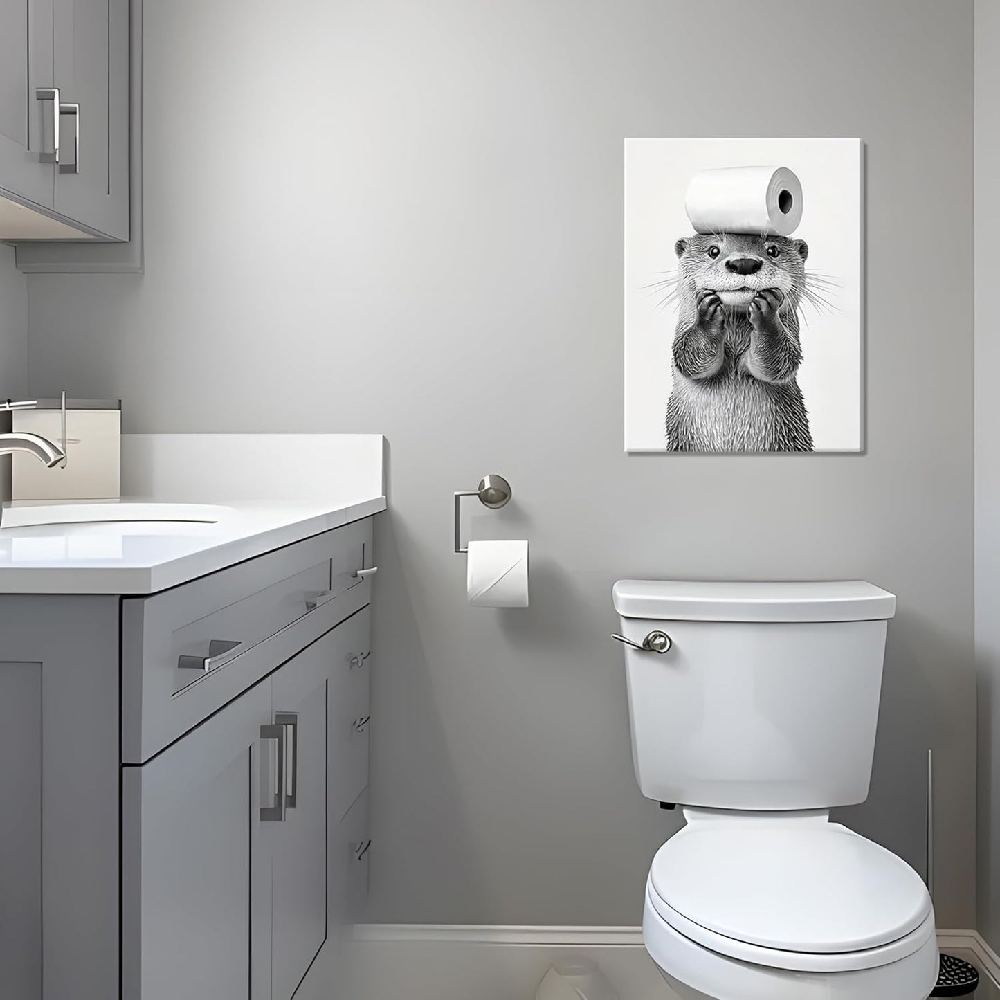 Otter Canvas Wall Art Set by Cute Bathroom | Funny Black and White Decor for Restroom | Ready to Hang 12x16 Inch