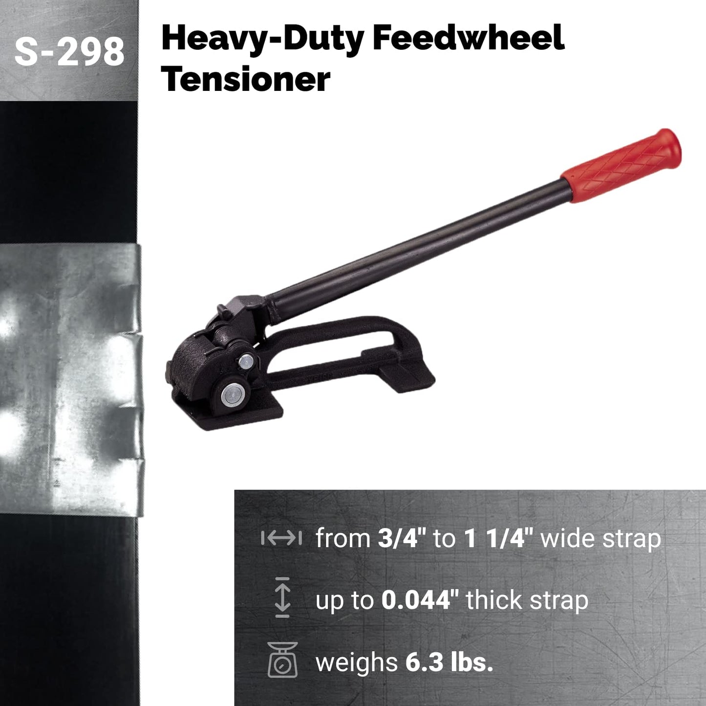 IDL Packaging S-298 Steel Strapping Tensioner for 3/4" to 1 1/4" Width Strapping - Heavy-Duty Banding Tool for Tight and Safely Packaging - Feedwheel Strapping Tool with Long Service Life