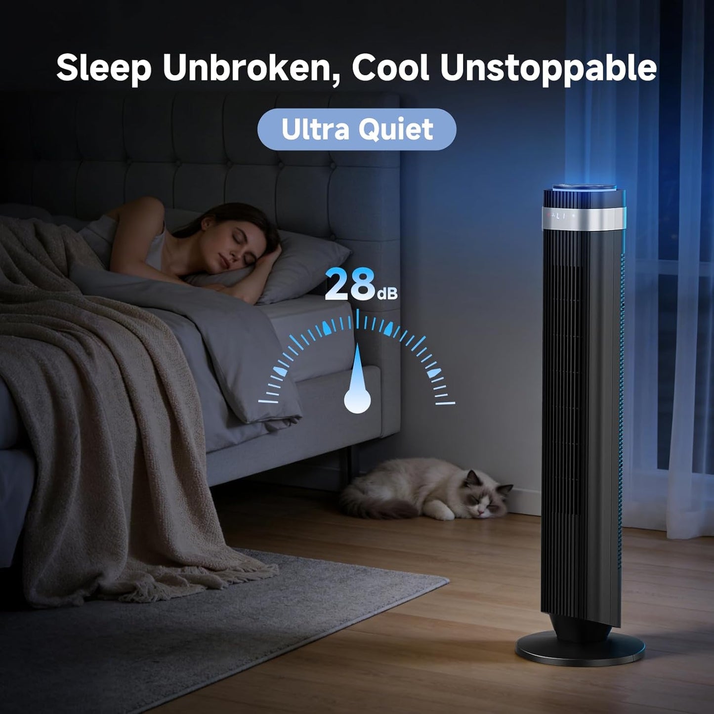 OLIXIS Tower Fan - Quiet 28dB Bladeless Oscillating Fan with Remote, 12H Timer, 5 Speeds | Black