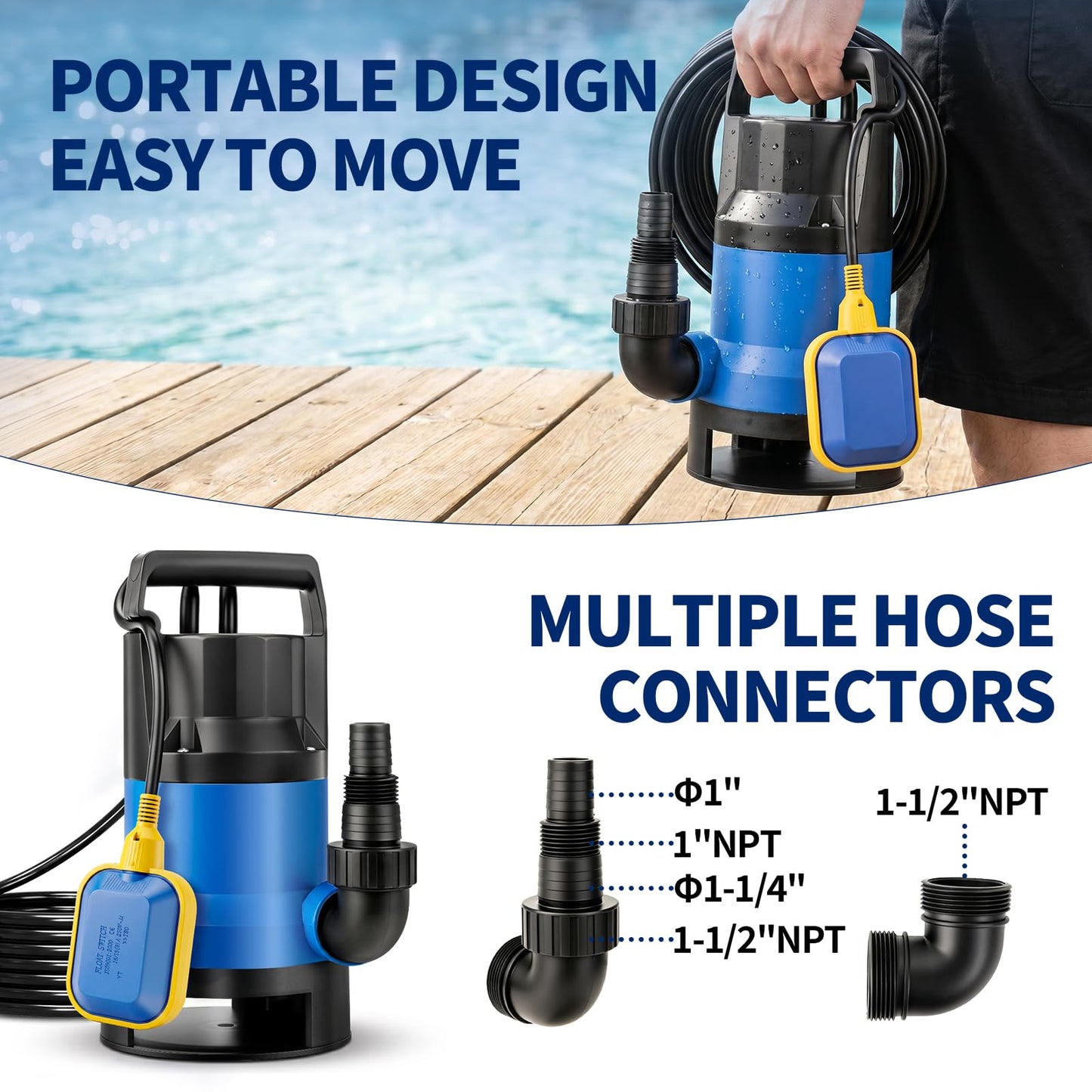 Poofata 1.1HP Submersible Sump Pump, 4600 GPH Electric Water Pump with Automatic Float Switch, Portable Utility Pump for Pool Draining, Basement, Outdoor Ponds, 16 FT Cord