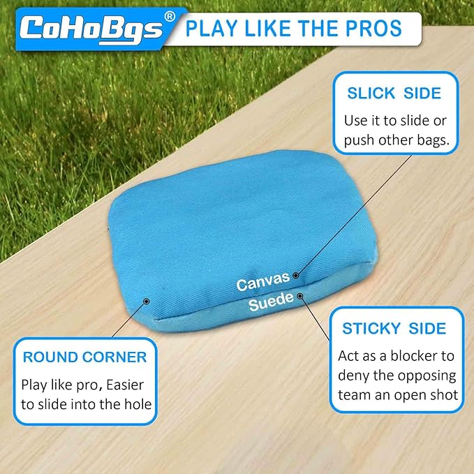 CoHoBgs Corn Hole Bags Set 8, Professional Cornhole Bags Dual-Sided Slick & Stick Resin Filled Suede and Duck Canvas Bean Bag for Cornhole Game Includes Carry Case