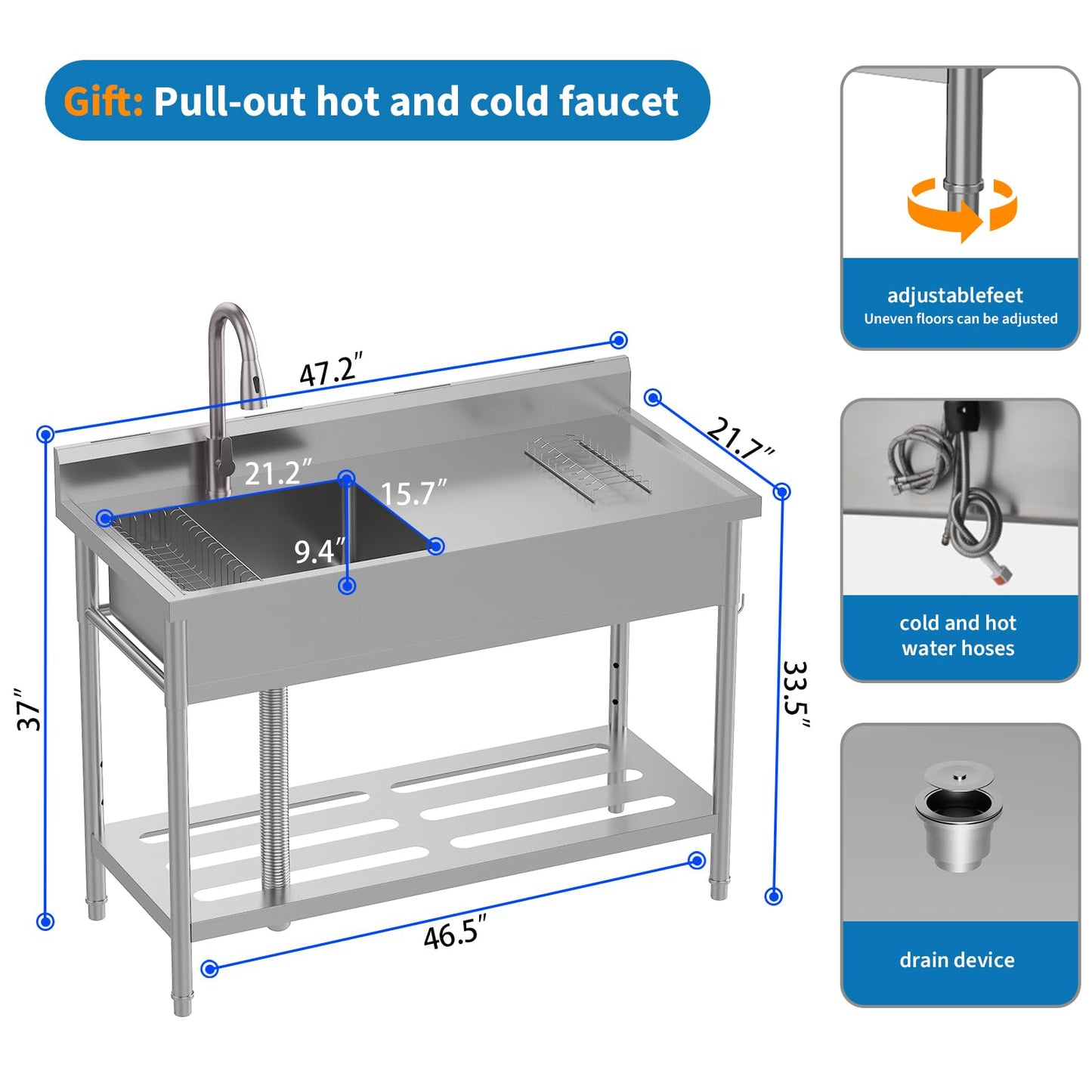 Commercial Stainless Steel Utility Sink with Drainboard, Freestanding Single Bowl Prep Sink with Work Table & Pull-Out Faucet, for Restaurant Kitchen, Garage, Outdoor