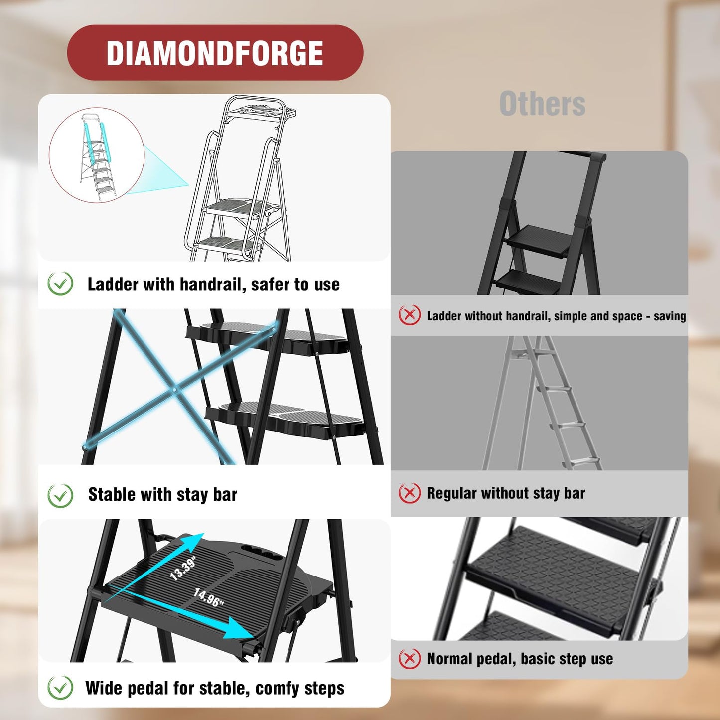 6 Step Foldable Step Ladder with Roomy Tool Tray & Secure Handrail, Wide Pedals Platform Stool 800lbs Capacity for Adults Home Kitchen