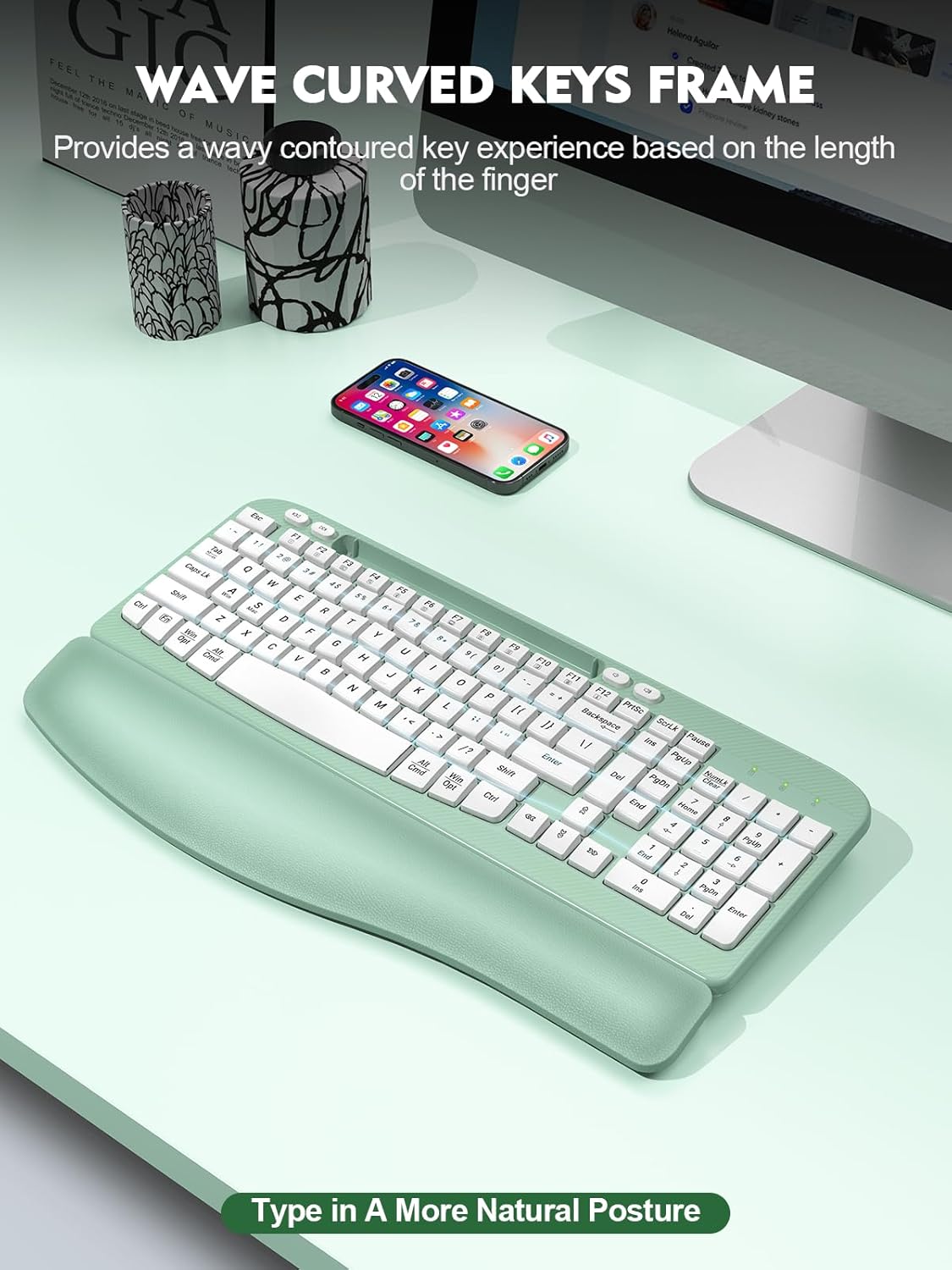 EAYBLLY 2.4GHz Ergonomic Wireless Keyboard with Cushioned Wrist Rest, Wave Keys, Phone Holder, Comfortable Natural