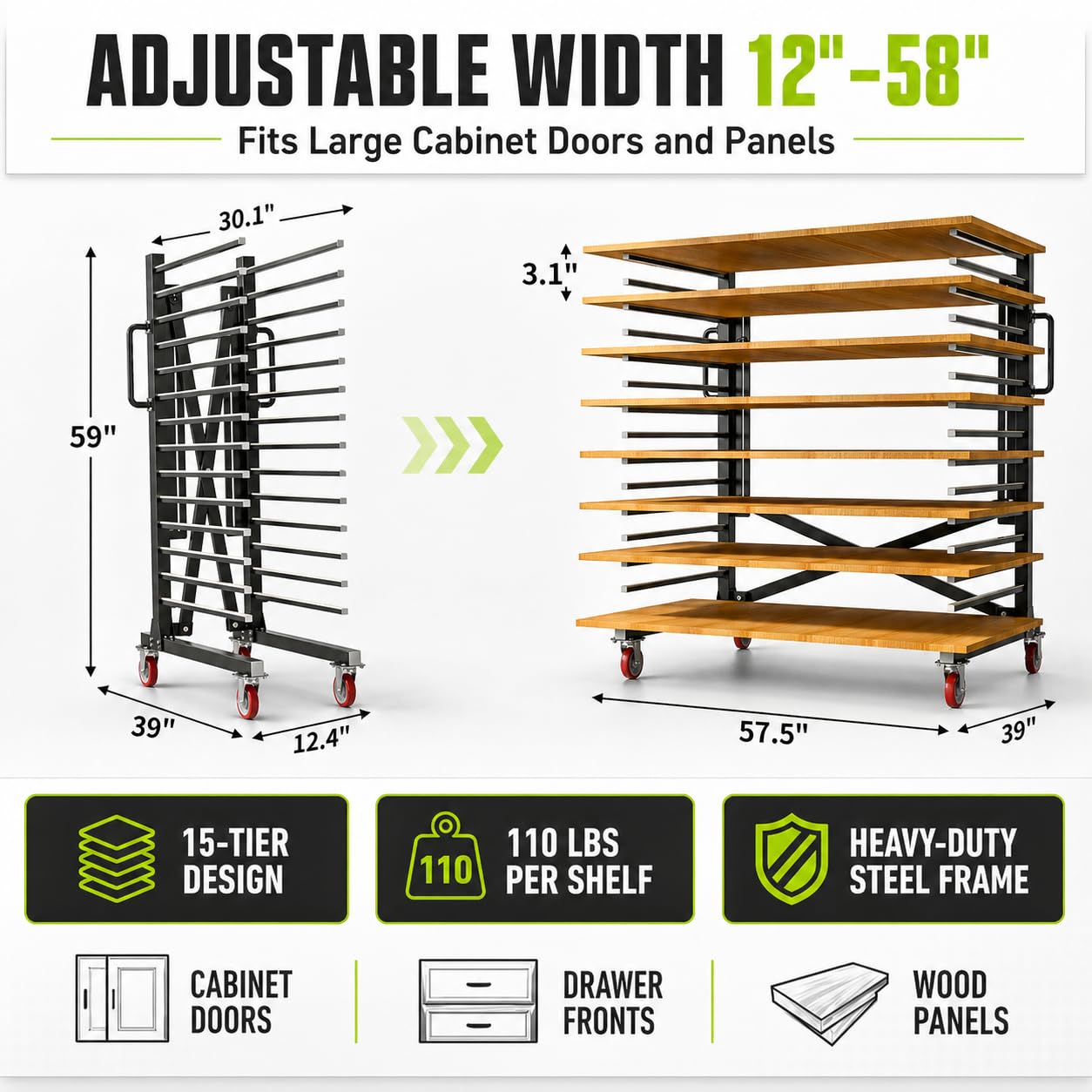 Vazcor Paint Drying Rack,15-Tier Heavy-Duty Steel Drying Painting Rack for Cabinet Doors, Adjustable Width 12 to 58 Inch,110 lbs Per Shelf,Black Drying Rack with Lockable Wheels for Paint Shops