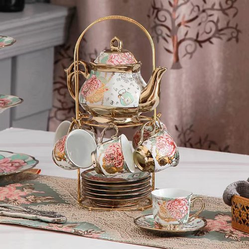 CHANJOON tea sets Gold Plated Red Rose Ceramic Tea Set, Vintage Teapot Tea Sets Beautiful Tea Set Coffee Serving 6 People (Golden, Medium)