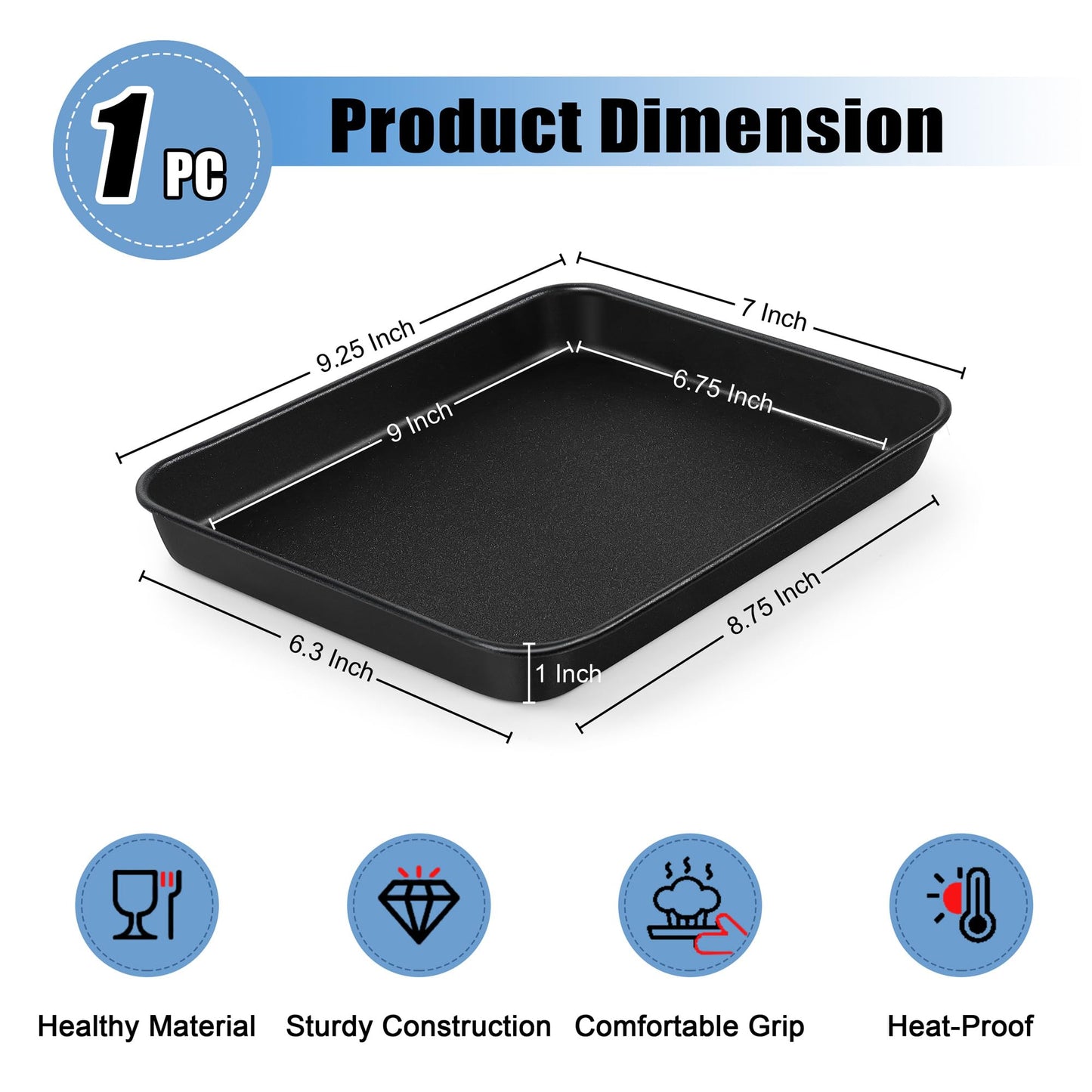 TeamFar Small Toaster Oven Pan, 9.25 x 7 x 1 Inch Carbon Steel Non Stick Coated Mini Toaster Oven Baking Pan Tray for Ovenware, Non-Toxic & Heavy Duty, Roll Edge & Easy Clean