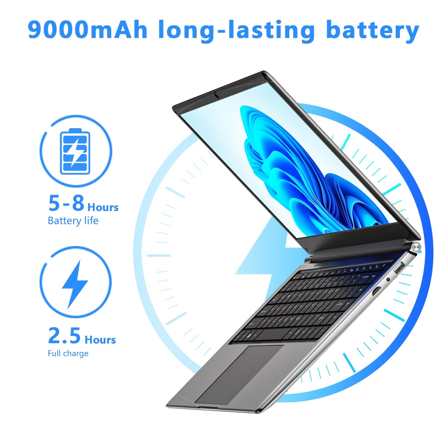 Laptop 16-inch , 8GB DDR 256GB SSD portable laptop computer, expandable to 1TB, Pentium quad-core CPU up to 2.64 GHz, 9000mAh battery, interface, USB3.0 interface, dual-band WiFi, webcam, slim laptops