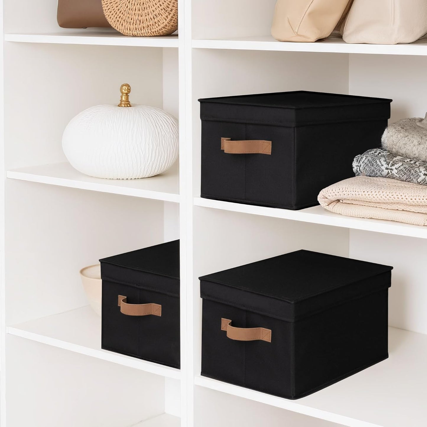 StorageWorks Black Storage Bins - Decorative Foldable Boxes with Lids & PU Handles | Large 3-Pack