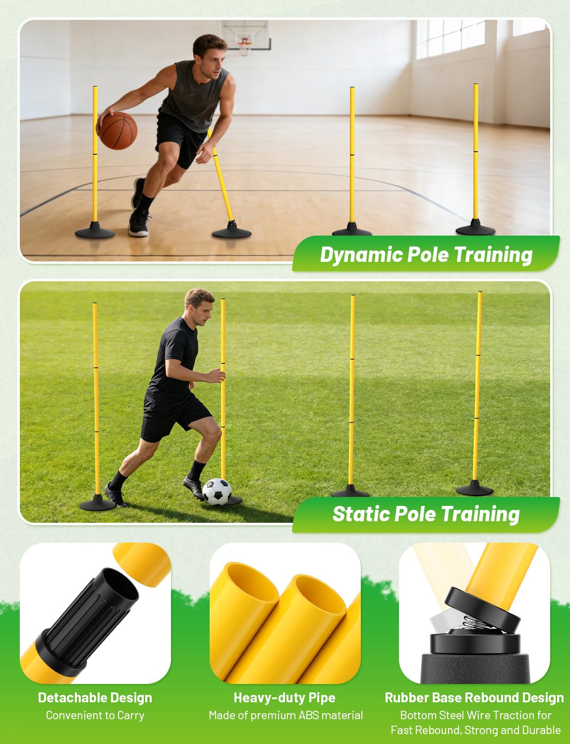 GHB Agility Poles 4 Pack 50" Rebound Sports Basketball Training Poles,Detachable Speed Training Equipment Football Accessories with Rubber Base