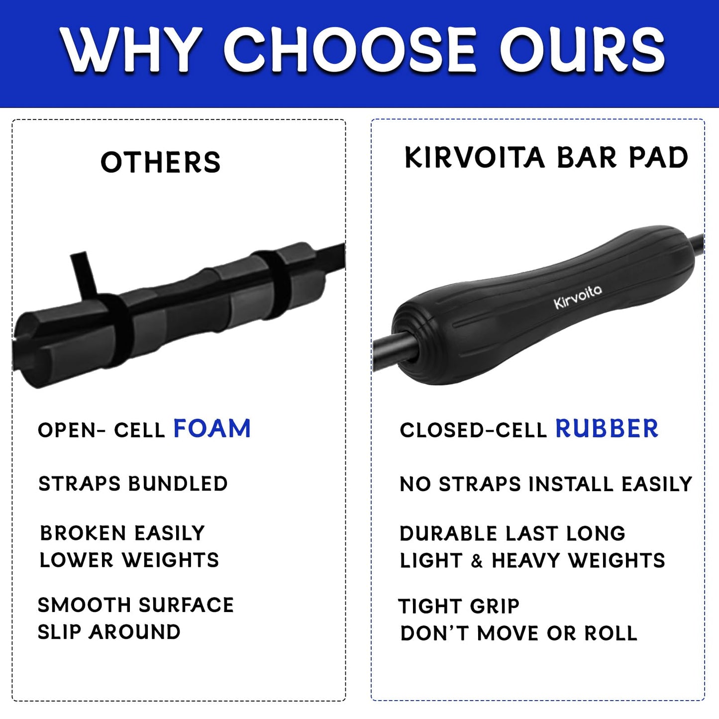 Kirvoita Rubber Barbell Pad, Squat Pad, Hip Thrust Pad, Easy to Install, No Velcro/Straps Needed, for Both Heavy Weights & Lower Weights (15.5 * 3.5 * 3.5 in, Black)