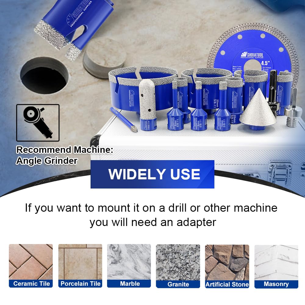 SHDIATOOL Diamond Tile Drill Bits Kit 15pcs, Porcelain Hole Saw Sets, Core Bits Cutter for Drilling Ceramic Marble Granite (6/8/10/20/25/35/50/75/100/20MM/2/SDS/HEX/6MM/4.5”)