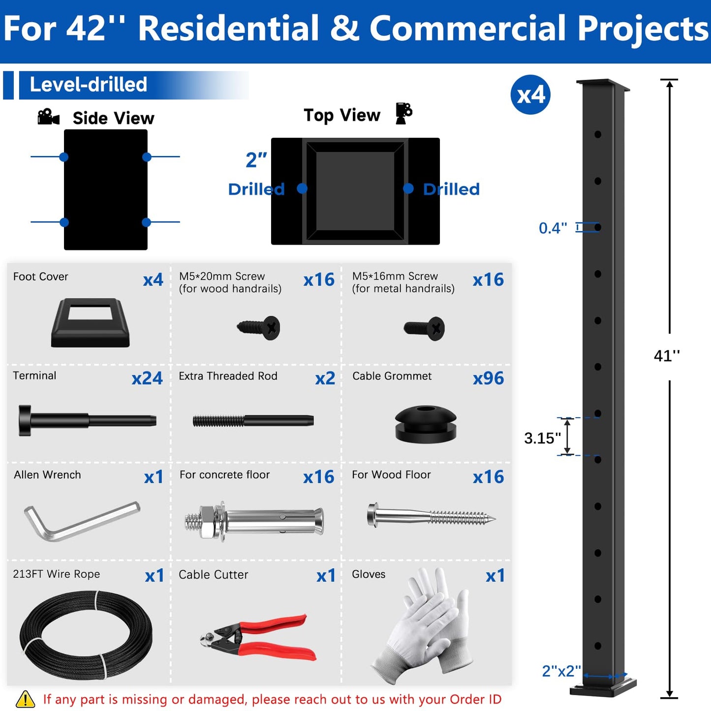 Zylorix 12ft-16ft Modular Cable Railing Post Kit 42" T304 Stainless Steel 4 Level Post Kit, Surface Mount Black Cable Railing System for Decks Length Adjustable Easy DIY, 213ft 1/8" Wire(No Handrail)