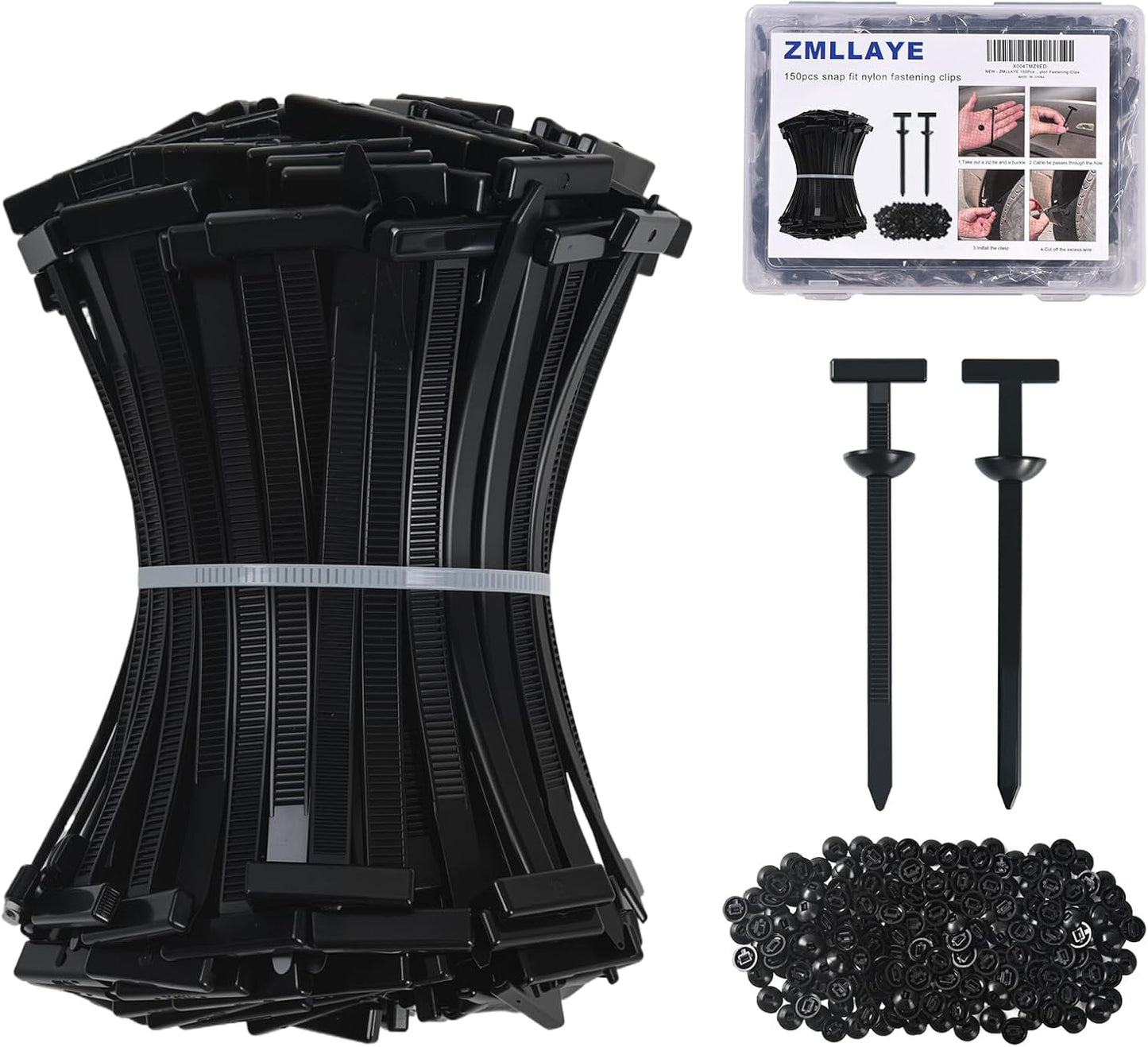 ZMLLAYE 150 Pcs Nylon Universal Cable Tie Buckle - Grip Auto Zip Tie Buckles with Pin & Button Design, Snap Fit Nylon