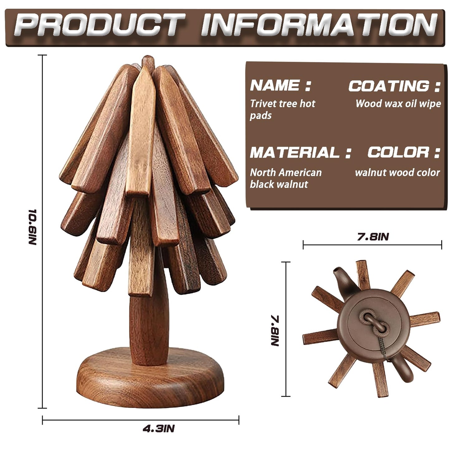 Natural Walnut Wood Trivets - Foldable Tree Hot Plate Mat Set of 3 for Kitchen, Multifunction for Hot Pots and Pans