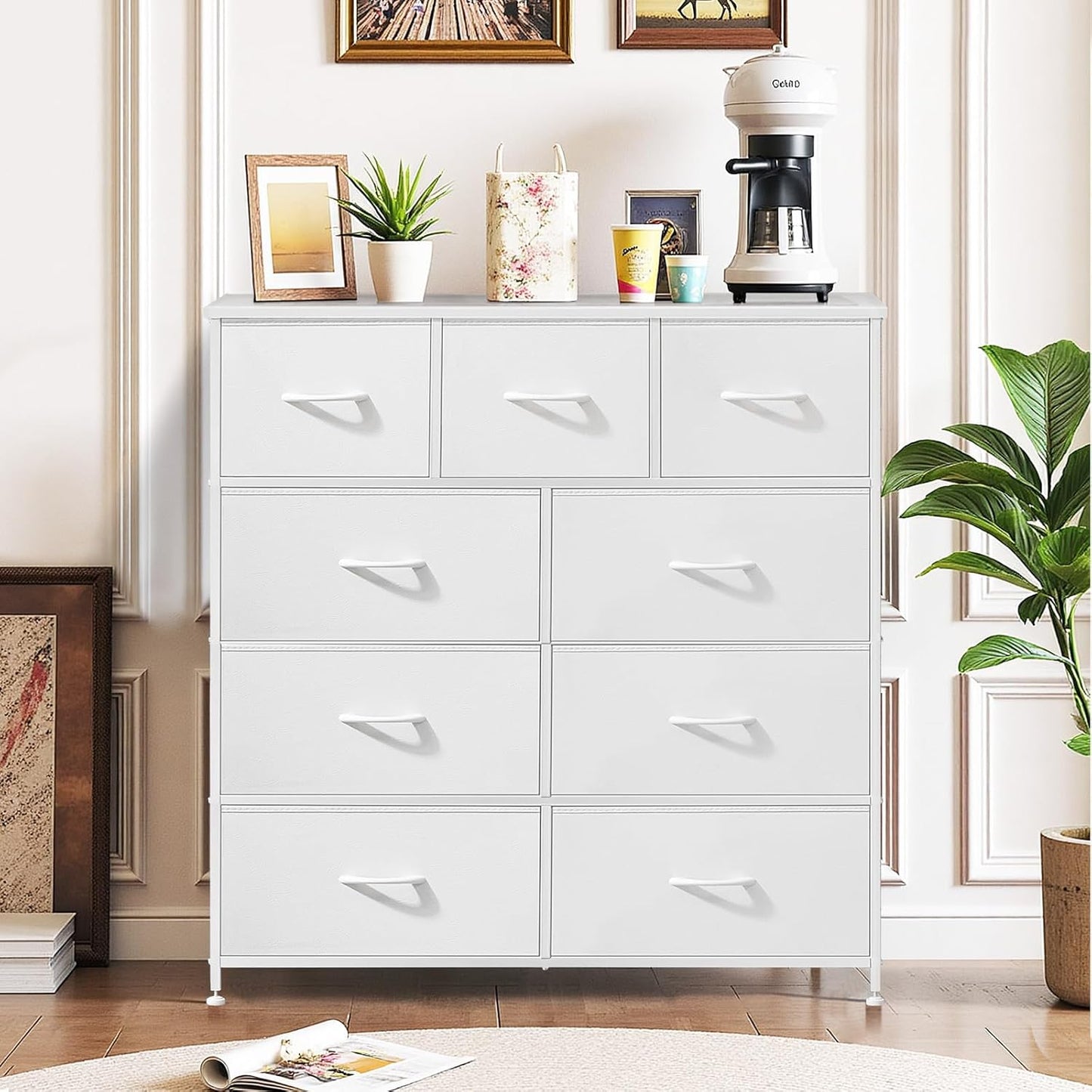 Regine Switzerland 9-Drawer Dresser - Anti-Tip Tall Storage Organizer with Wooden Top & Metal Frame | White