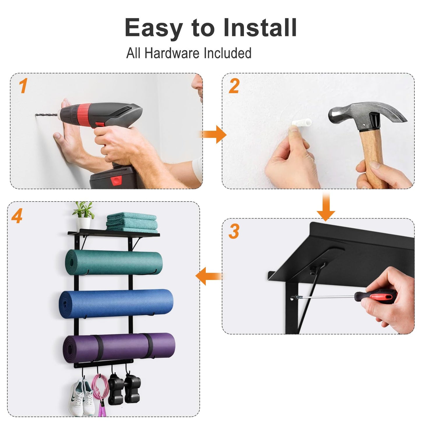 Avoirdus Yoga Mat Holder Wall Mount, Wall Mounted Yoga Mat Storage Rack with Shelf & Hooks, Home Gym Yoga Accessory Organizer for Mats, Foam Roller, Bands & Workout Equipment