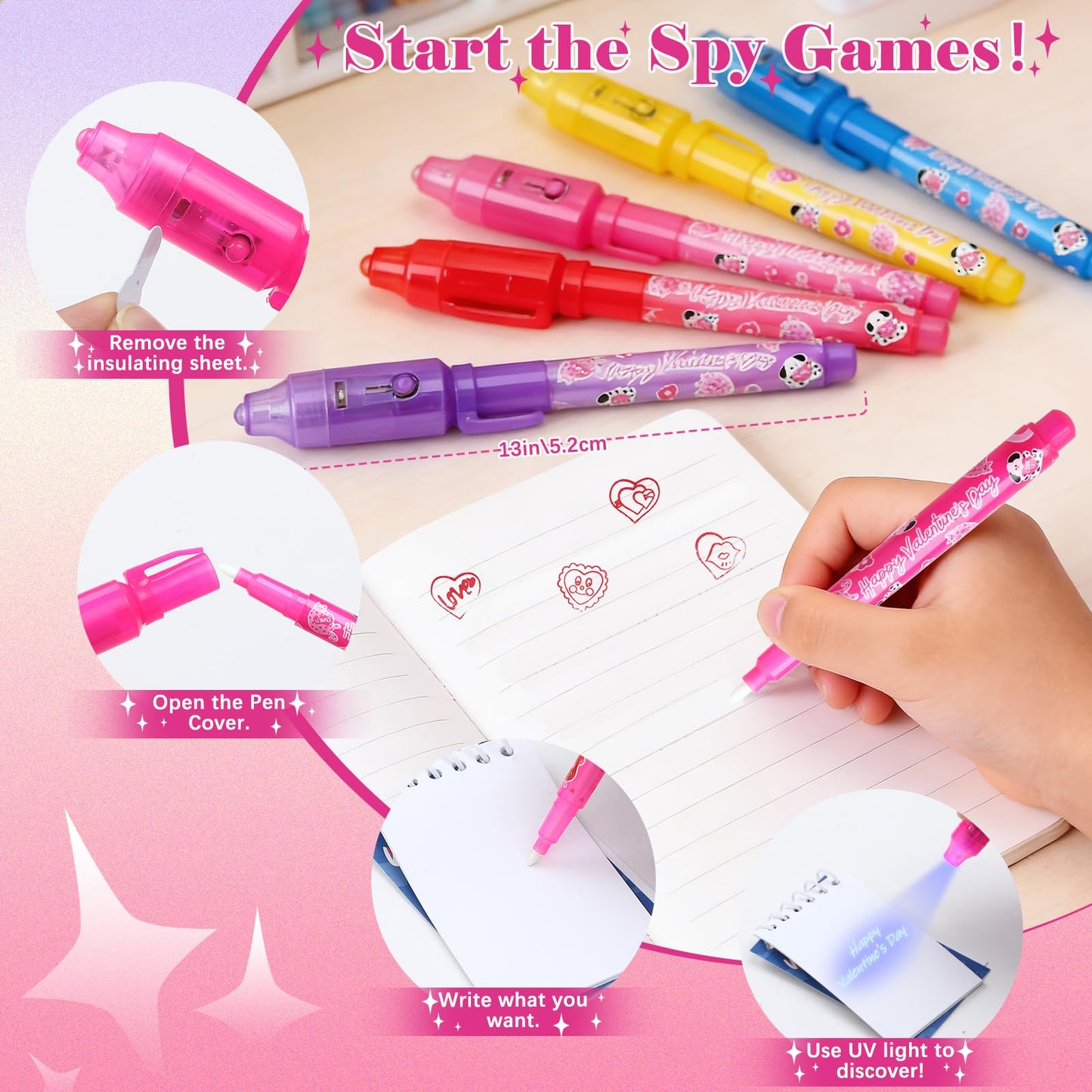SNLN Valentines Party Favors Valentines Day Gifts for Kids Classroom, 24 Pack Invisible Ink Pen Notebook Stamp Sticker Boys Girls School Classroom Exchange Gifts Birthday Goodie Bags Stuffers - Pet
