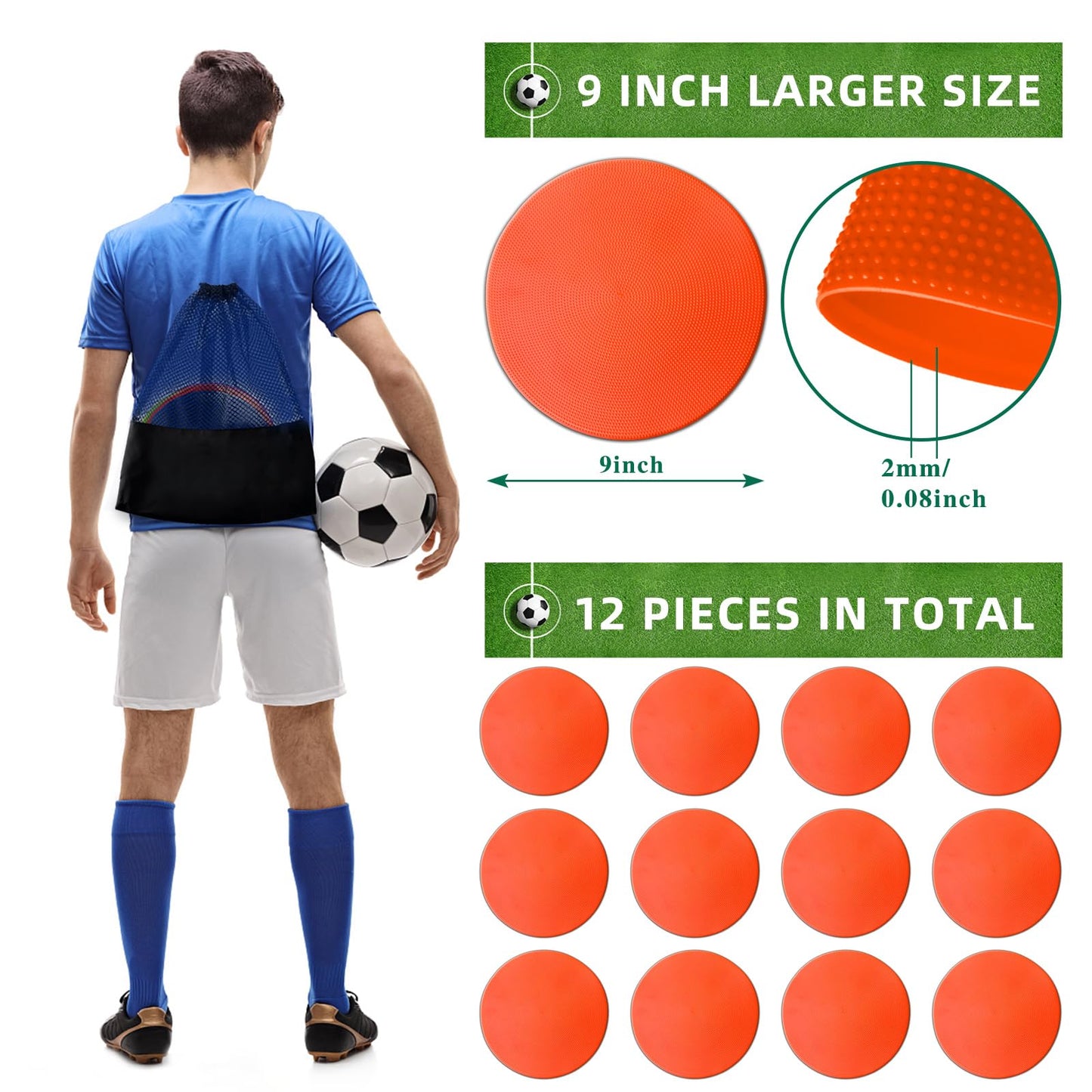 PIKZH Poly Spot Markers 9 inch 12 Pcs Non-Slip Rubber Agility Training Markers Floor Dots Flat Field Cones for Football Soccer Ball Basketball School Exercise Drills Gym Dance Practice TPE Orange Red