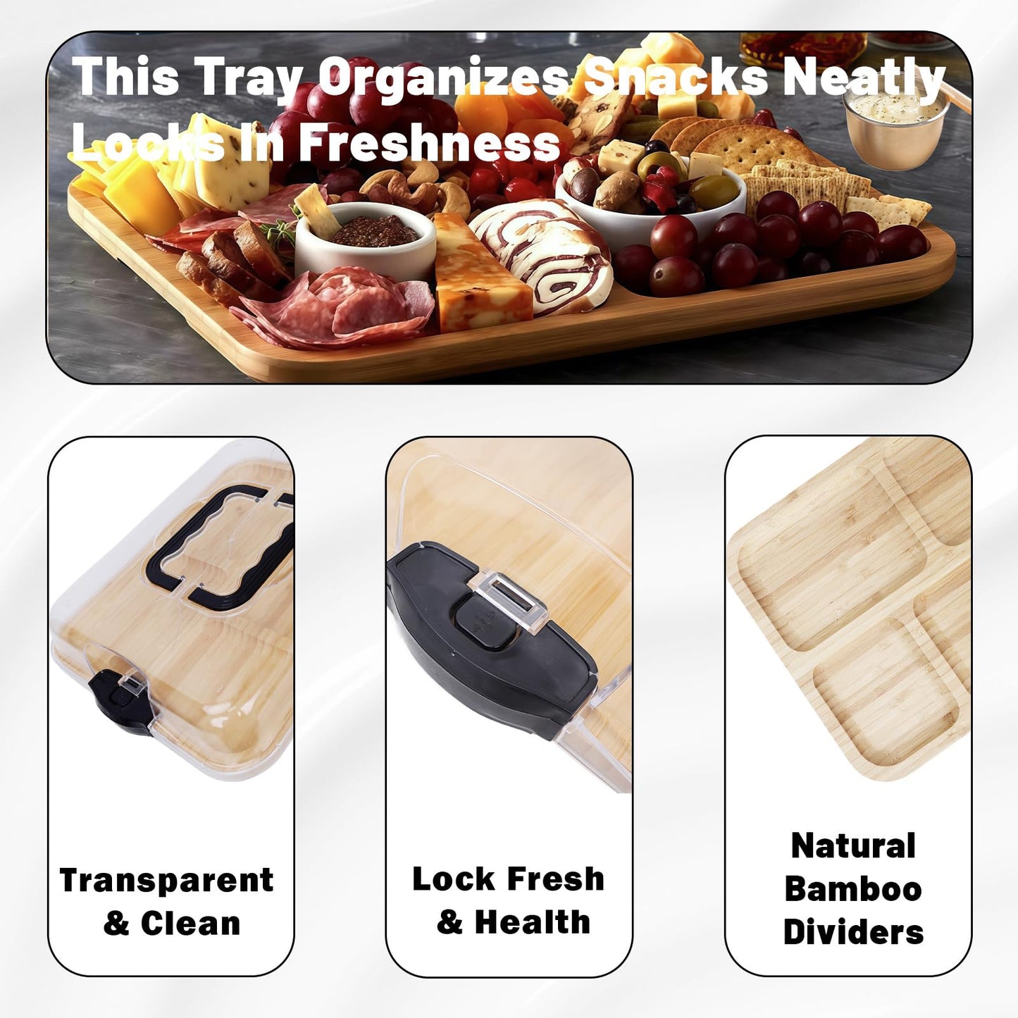 15×11" Charcuterie Boards with Lid, Bamboo Cheese Board Cutting Boards with Locking Clear Cover, Portable Serving Tray - 5 Compartments for Kitchen, Picnic, Party, Housewarming, Wedding Gift