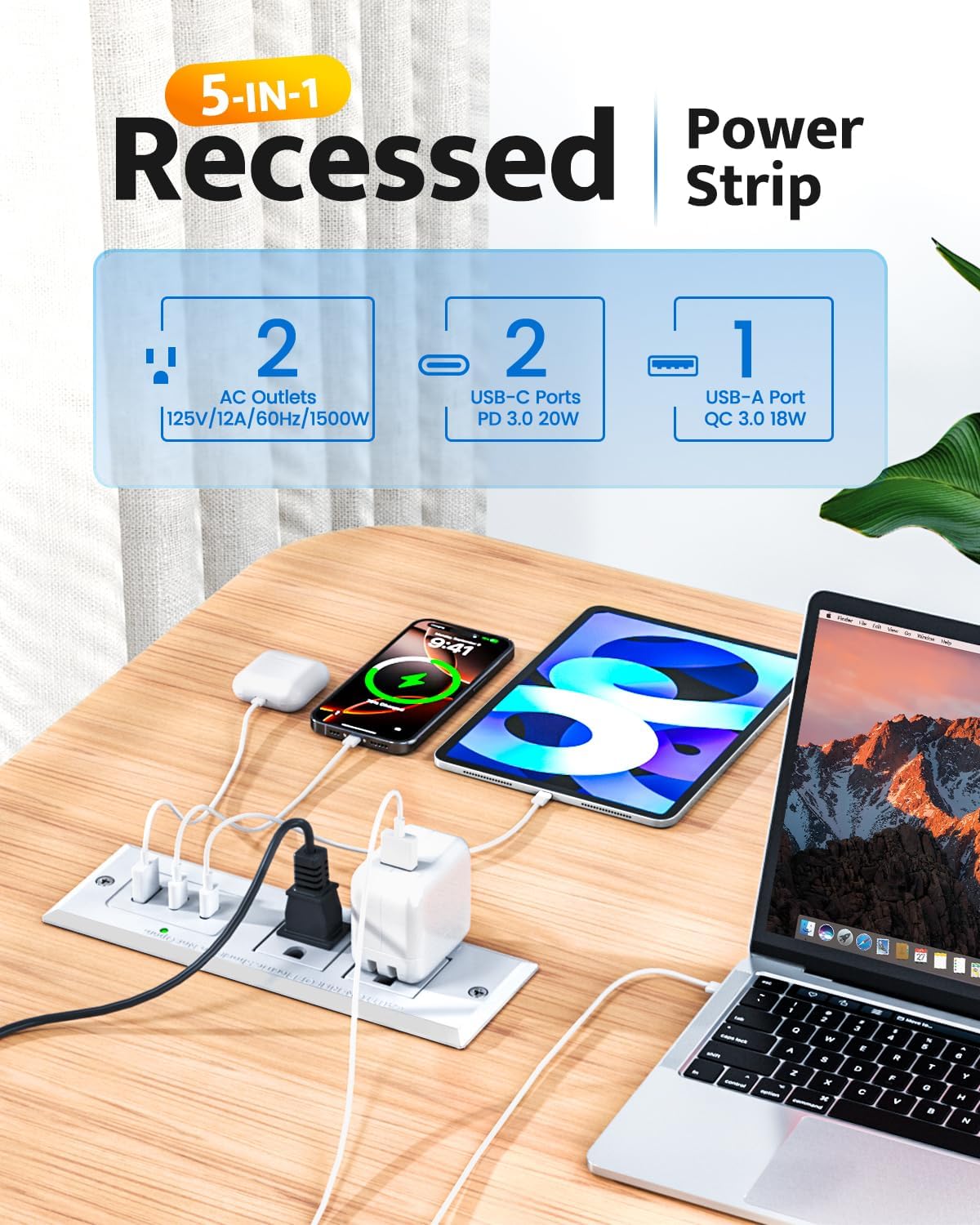 DOACE 20W 6ft 45 Recessed Power Strip with USB C Port, Fast Charging USB A Port Conference Recessed Outlet, Space-Saver