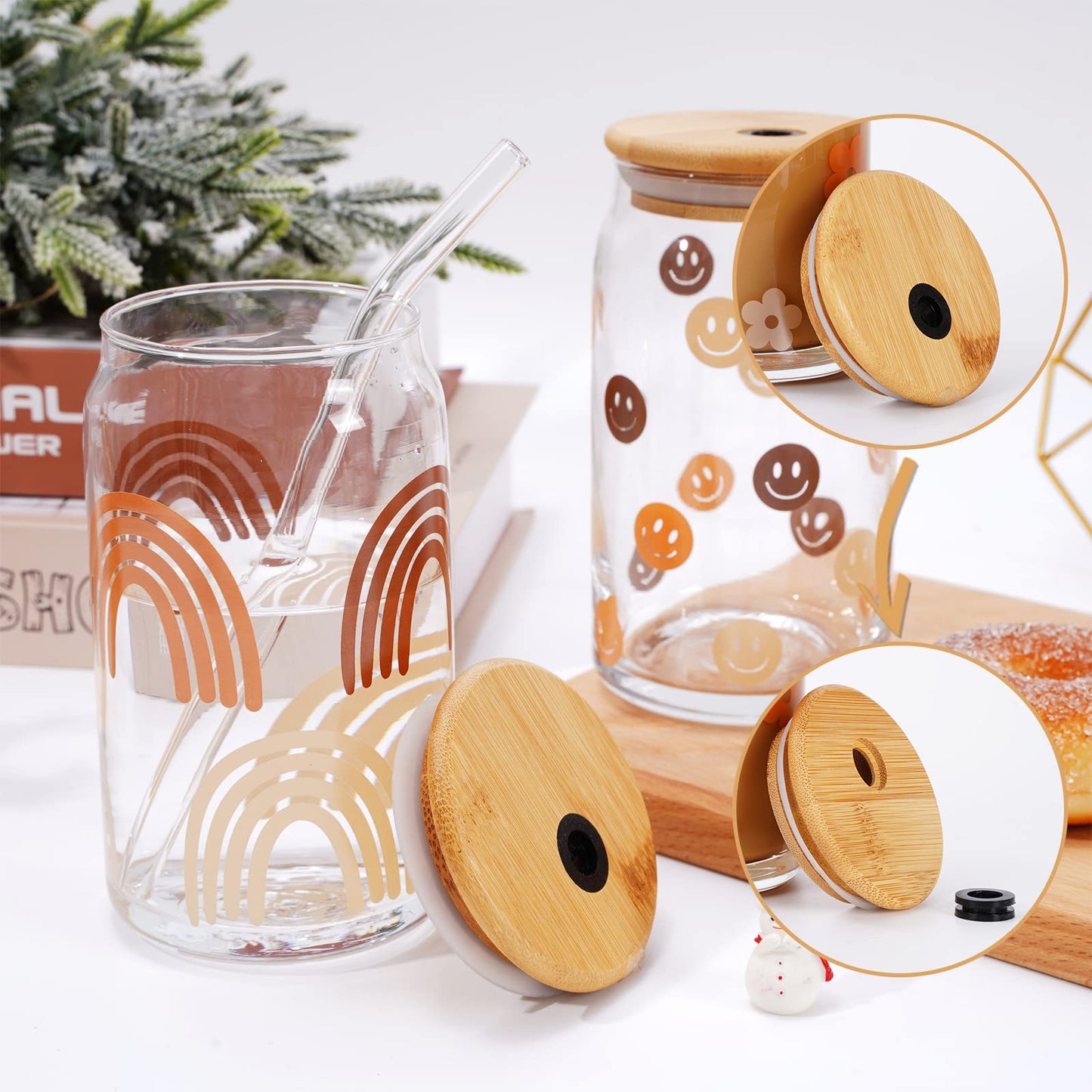 Whaline Drinking Glasses with Bamboo Lids and Glass Straw 4pcs Set - 16oz Can Shaped Glass Cup, Iced Coffee Glass Ideal for Cocktail, Whiskey, Gift - 2 Cleaning Brushes