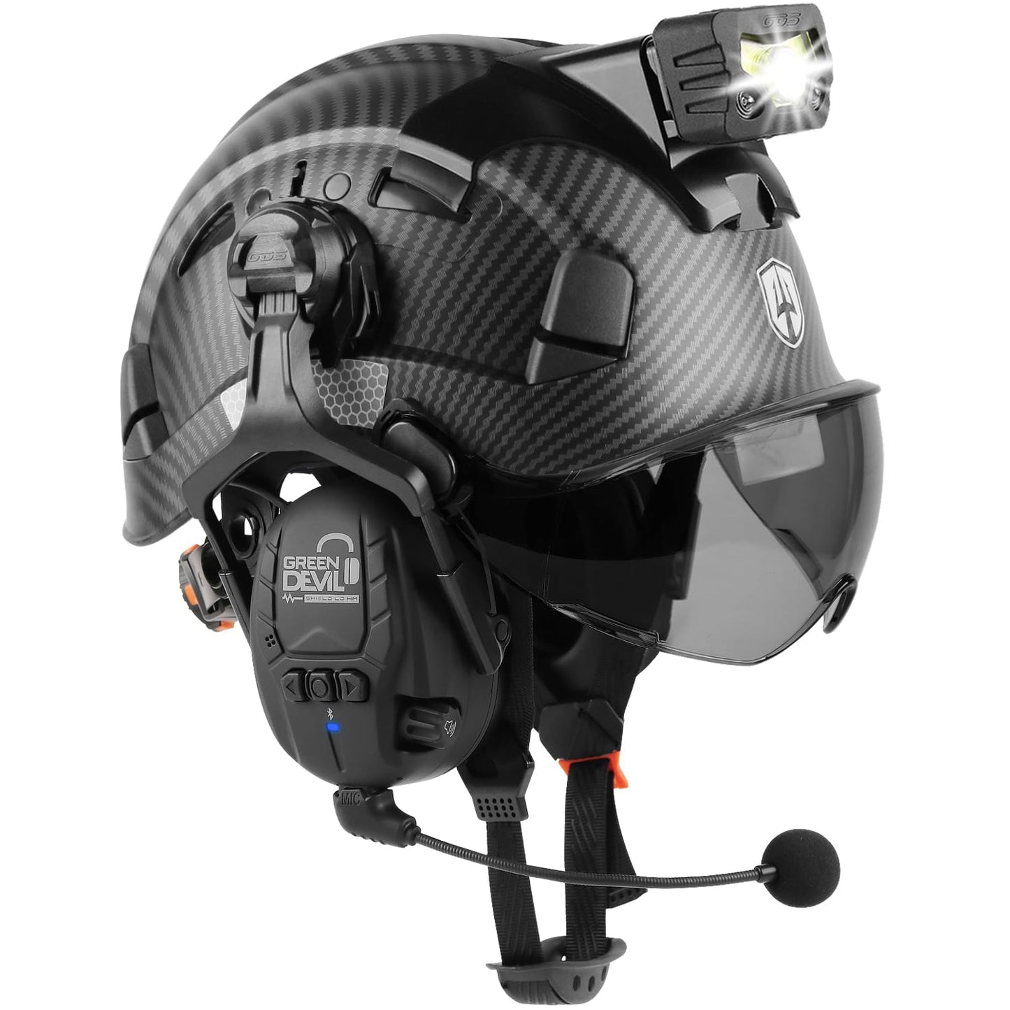 GREEN DEVIL Hard Hat Safety Helmet with Visor Bluetooth Ear Muffs and Headlamp 5 in 1 Full Protection Vented Work Hardhat ANSI Z89.1 Cascos De Construccion for Industrial Construction Forestry