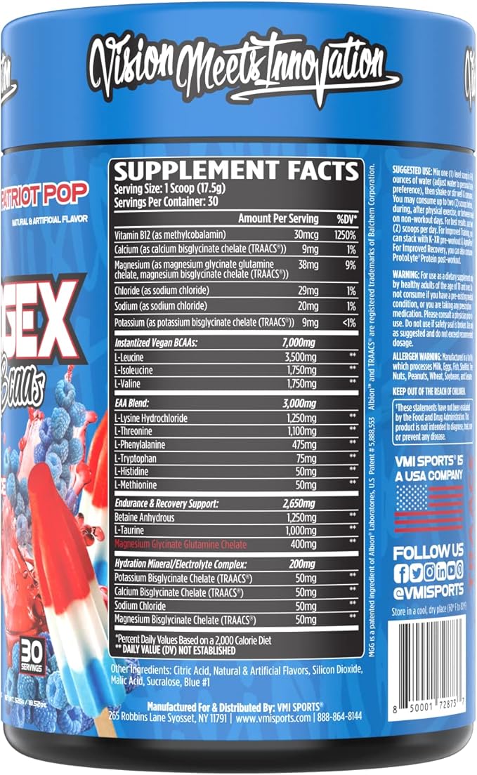 VMI Sports Aminogex Ultra | BCAA Powder | Amino Acids + Betaine and Glutamine | Amino Acid Post Workout Recovery Drink | Intra Workout Drink with Electrolytes | (30 Servings) (Patriot Pop)