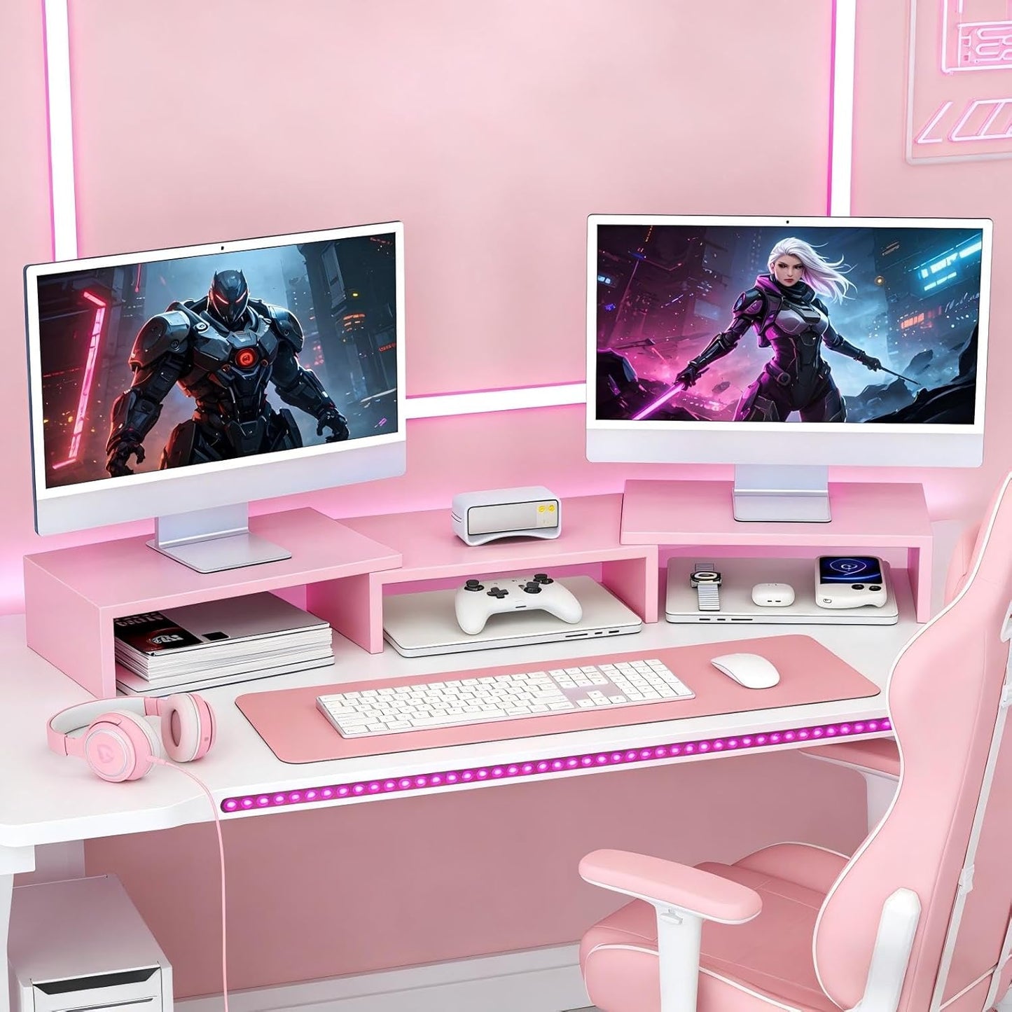 Desk Organizers and Accessories, Dual Monitor Stand Riser, Monitor Desk Shelf for Desktop Organization (Pink)