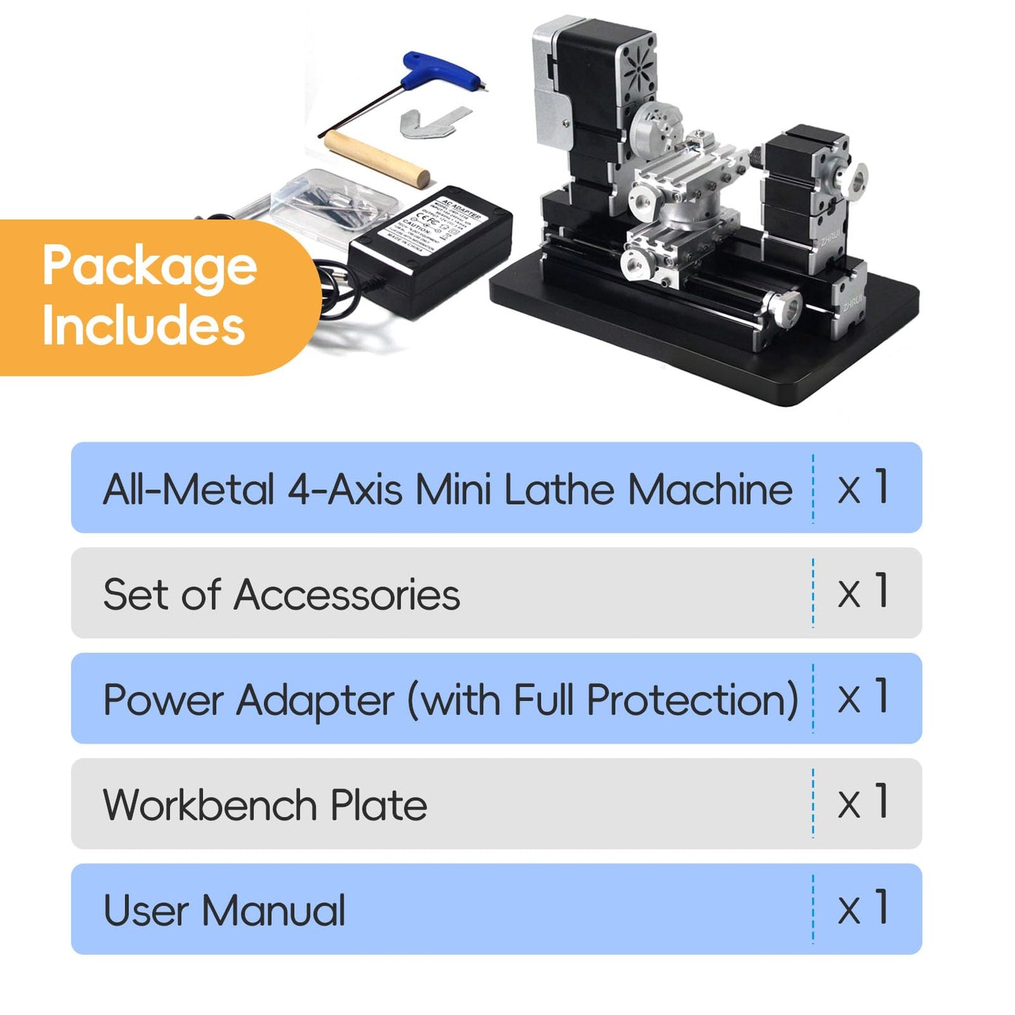 ZHRUI Mini Metal Lathe 60W 12,000 RPM, 4-Axis All-Machine Tool for Soft Metal Wood Acrylic Plastic, Precision Micro Lathe with Safety Guard Quick Indexer 0.02mm Scale (Gold Silver Aluminum Copper)