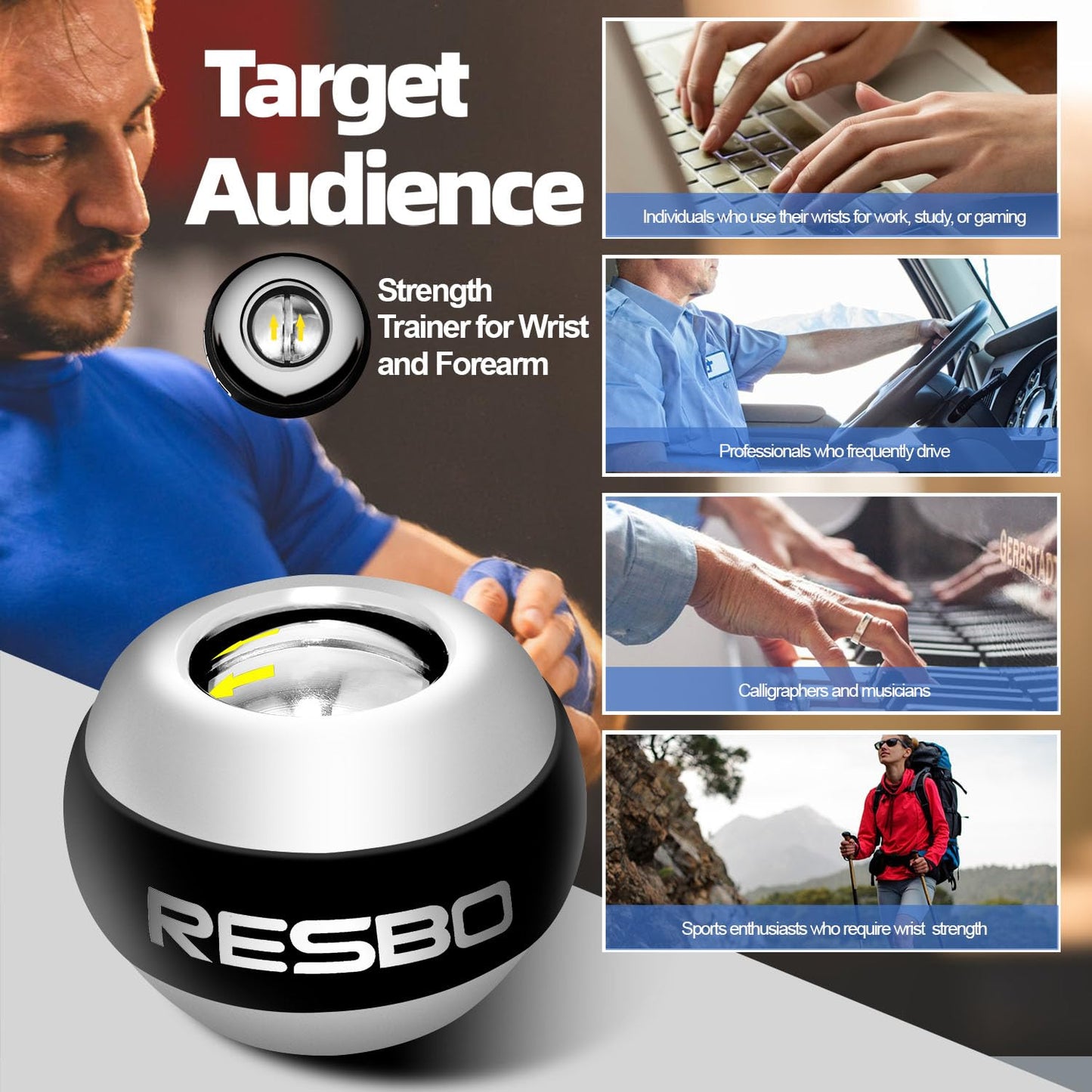 Resbo All Metal Gyro Ball, Auto Start Wrist Ball Hand Strengthener Wrist Exerciser