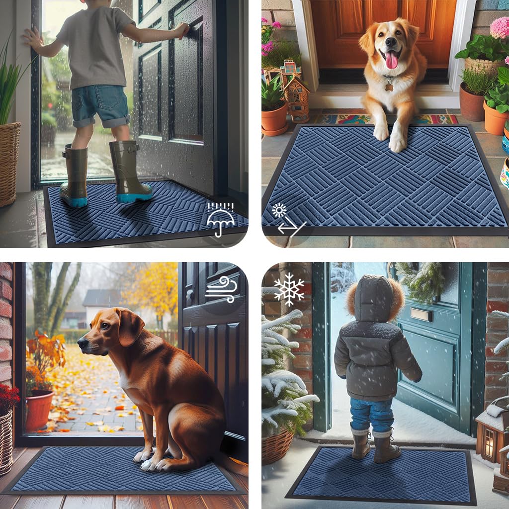 Smiry Front Door Mat Outside Entrance, Heavy Duty Outdoor Indoor Mat, Natural Rubber Doormat, Non Slip, Trap Dirt and Moisture, Easy Clean, Low Profile Patio Porch Entryway Mat, 59x35, Blue