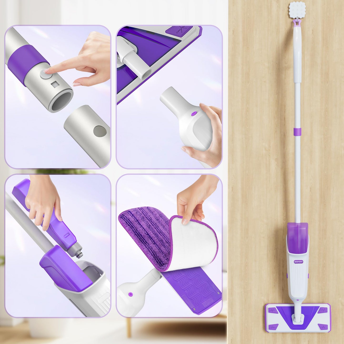 Double Bottle Spray Mop Series - Enspoway Dust Floor Mop with Washable Pads x3 for Wet Dry Home Bathroom Office Commercial for Hardwood Laminate Wood Marble Tiles Ceramic Floor Cleaning