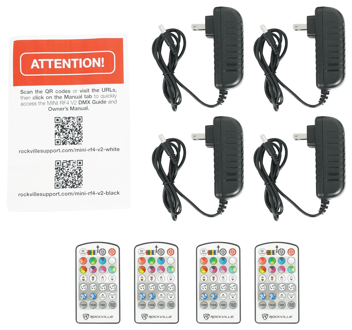 Rockville 4 Pack MINI RF4 V2 White LED Wash Up Light, RGBWA+UV, Compact, App, Remote, LCD, Wireless DMX, Rechargeable, Perfect for DJ/Party Lighting