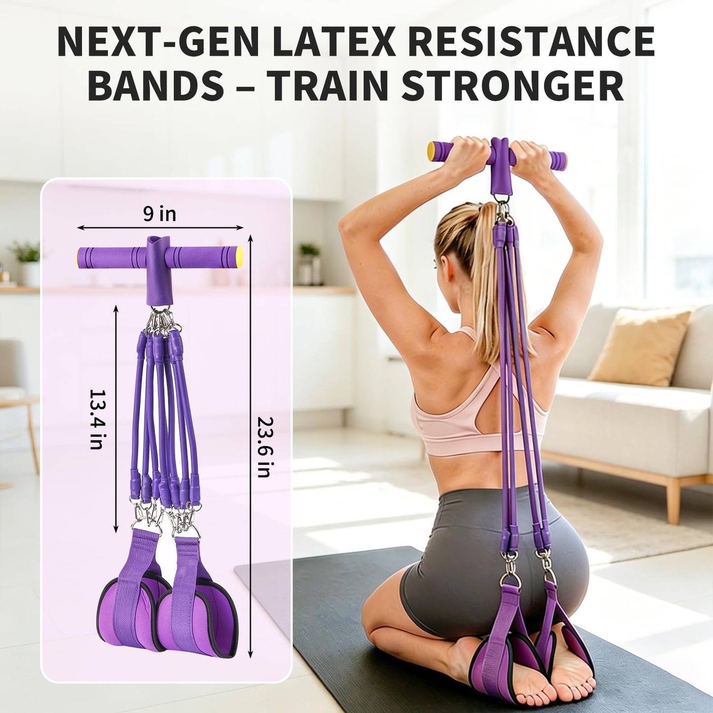 Pedal Resistance Band with Handle - 8-Tube Adjustable (20-80LBS) for Full Body Workout, Home Gym, Yoga & Strength Training Non-Slip Grips & Foot Pedal (Purple)