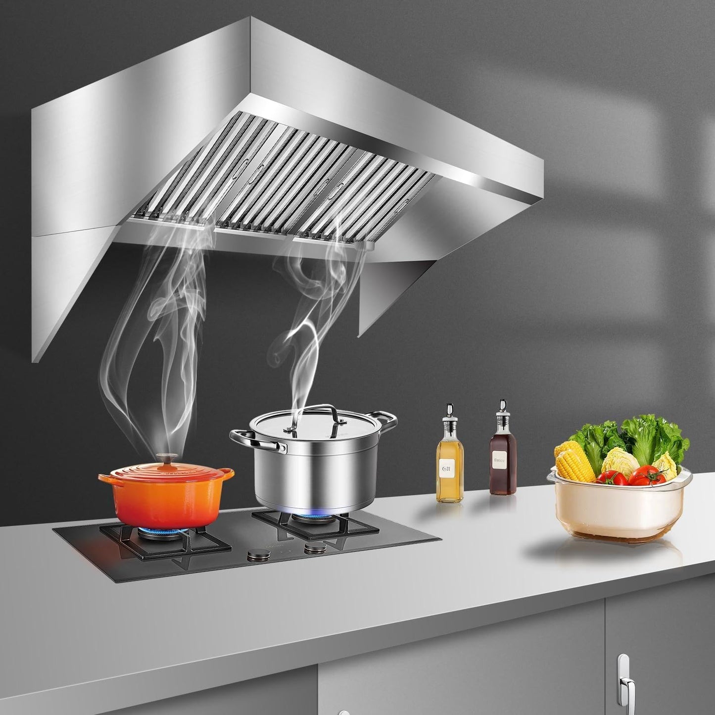 7FT Heavy-Duty Commercial Exhaust Hood – 201 Stainless Steel Wall-Mount Kitchen Ventilation with 4 Detachable u-Shaped Grease Filters, Rust-Resistant for Restaurant, Food Truck, Concession Trailer & c