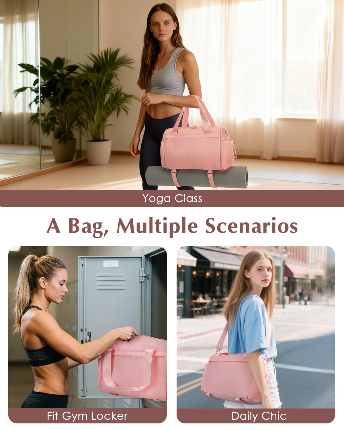 Small Gym Bag, Mini Gym Bag for Women with Yoga Mat Holder and Wet Compartment, Cute Small Yoga Mat Bag with Water Bottle Pocket for Workout Dance, Pink
