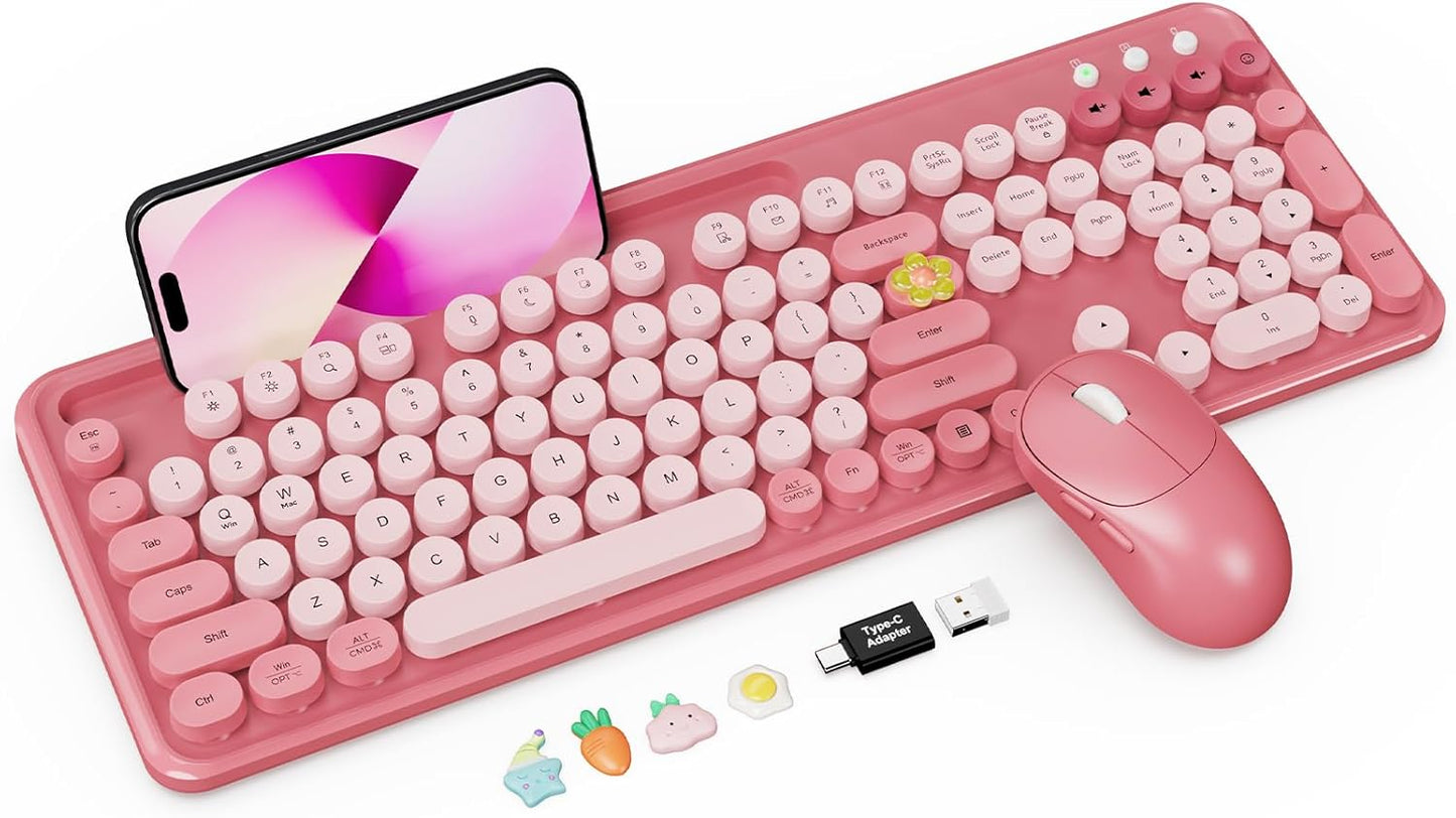 Trueque 3-Level 2.4GHz CK13, Wireless Keyboard and Mouse Combo, Cute Full-Size Typewriter-Style Keyboard, Retro Round