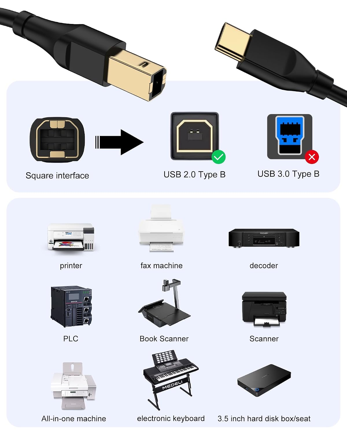 3ft, 6 Printer Cable Scanner USB C to USB B Cable for Epson, HP, Canon, Midi, Ethernet Print to Computer/Laptop/Pc-USB