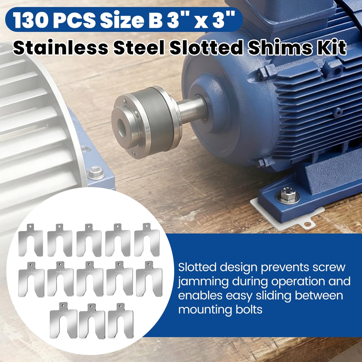 130 PCS Size B 3" x 3" Slotted Shims Kit, 304 Stainless Steel Slotted Shim Kit with Storage Box, Precision Laser-Cut Alignment Metal Shims for Leveling Machinist Tools