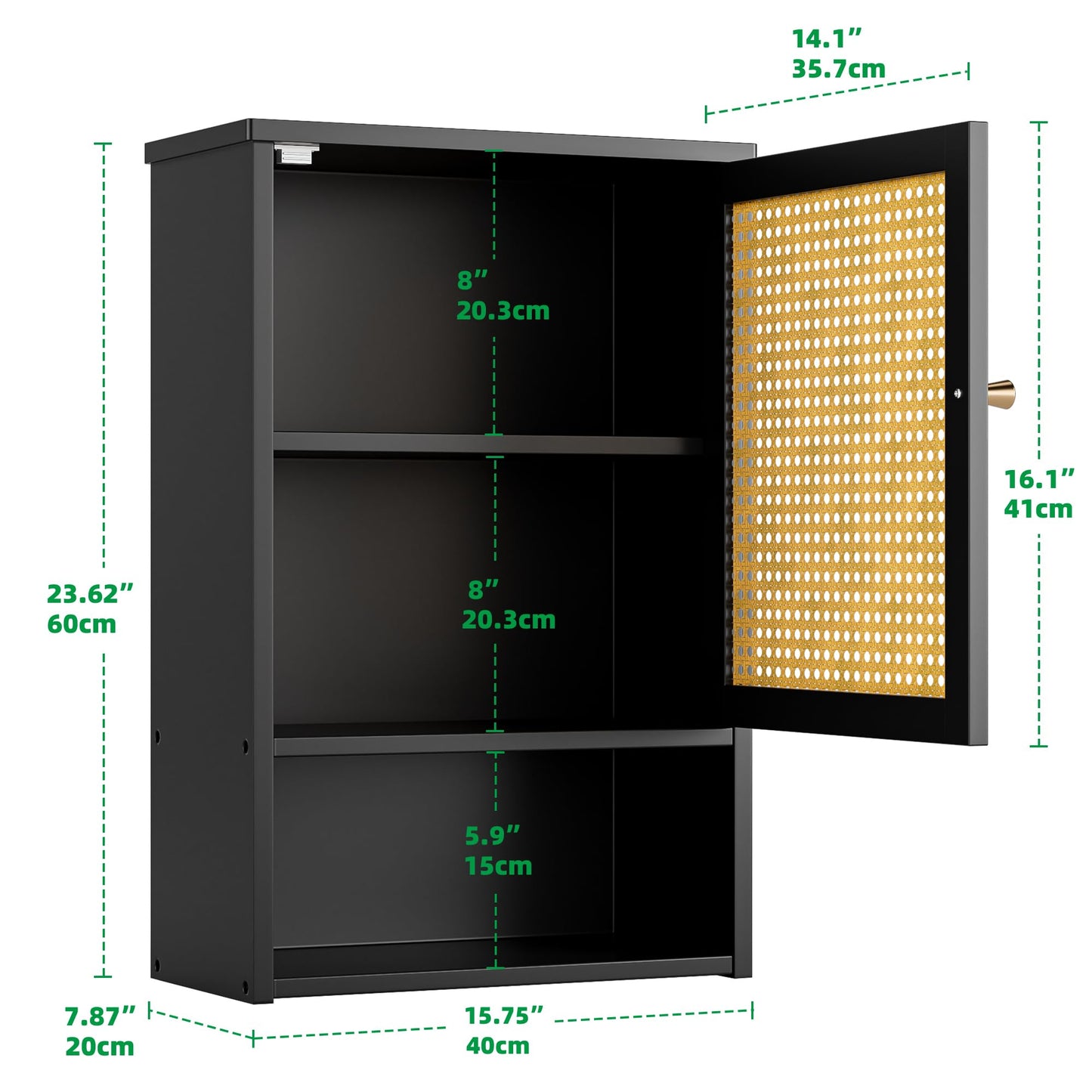 vovala Bathroom Wall Cabinet, Bamboo Over-The-Toilet Storage Organizer with Rattan Doors and Adjustable Shelf, Space Saver Medicine Cabinet for Laundry, Kitchen, Living Room (Black)