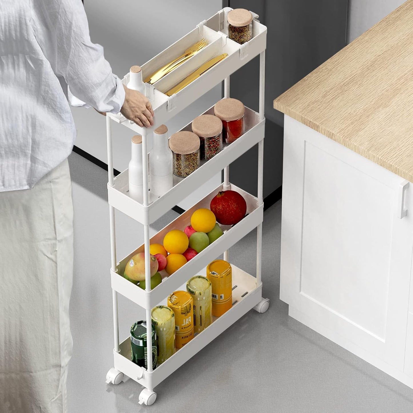 SPACELEAD Slim Storage Cart - 4-Tier Rolling Utility Organizer for Bathroom, Kitchen & Office - White