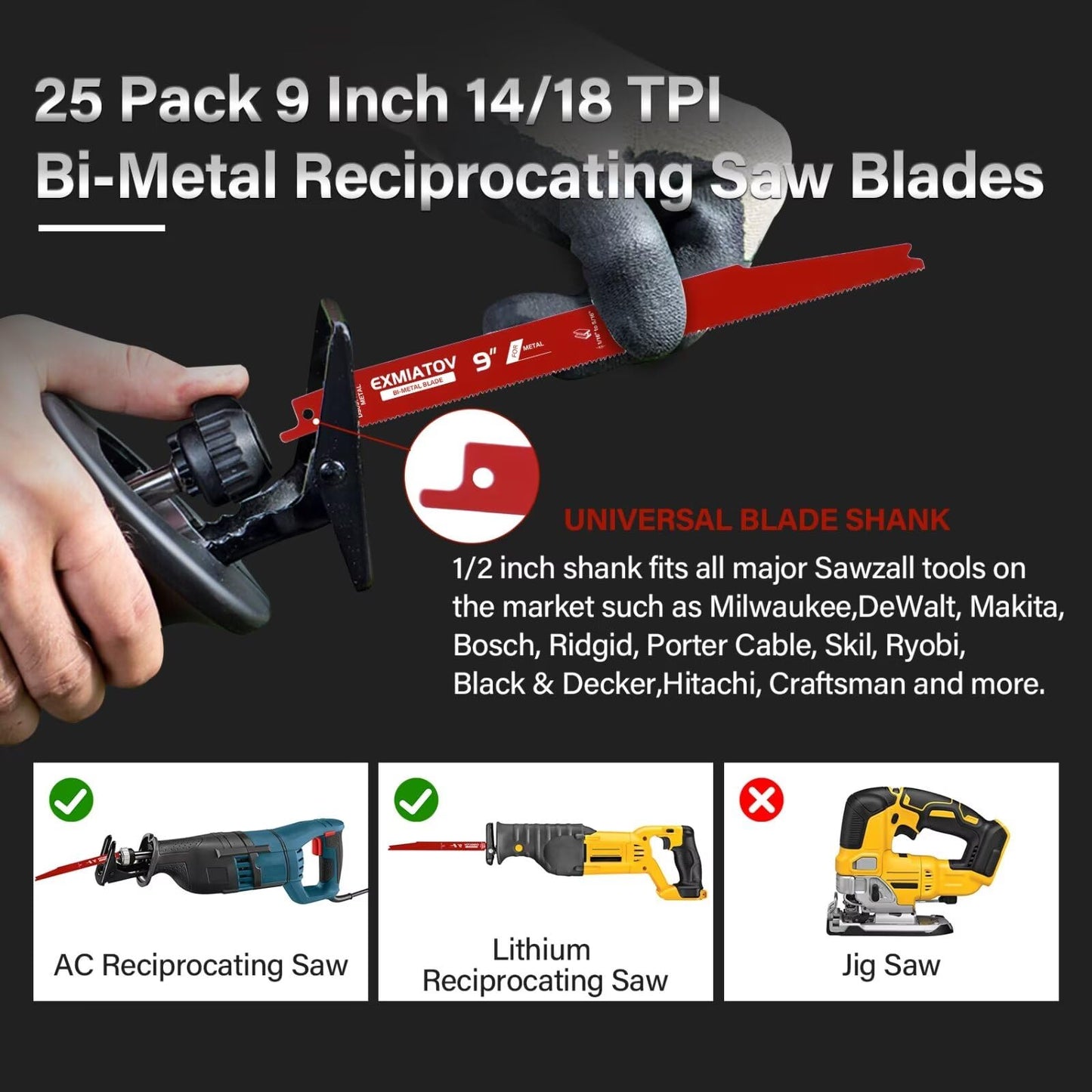 25 Pack 9 Inch 14/18 TPI Reciprocating Saw Blades for Metal Cutting, Bi-Metal Auto Dismantling Reciprocating Saw Blades for 1/16-5/16 Medium Metals, Cutting Blade for Reciprocating Sawzall