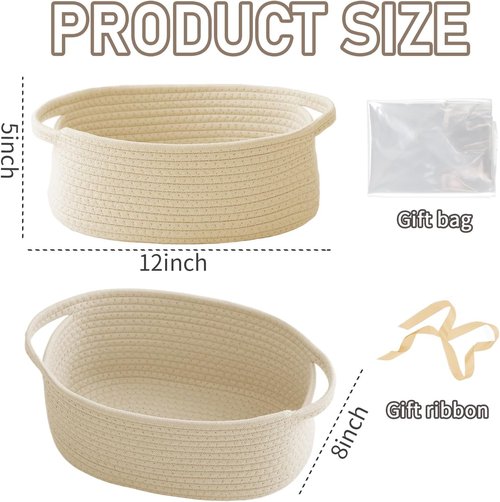JMvicyroam Woven Basket - Small Rope Storage Bin with Handles for Organizing Shelves & Closets | Beige