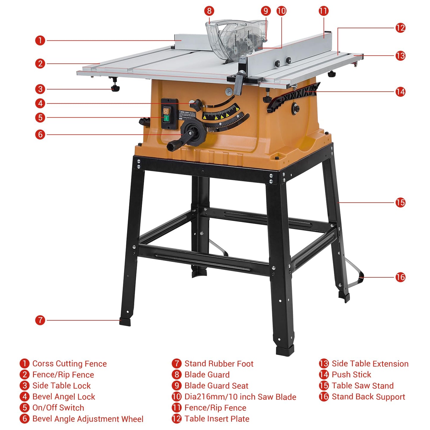 Table Saw, 10 Inch 15A Multifunctional Saw With Stand & Push Stick, 90° Cross Cut & 0-45° Bevel Cut, 5000RPM, Adjustable Blade Height for Woodworking, Orange