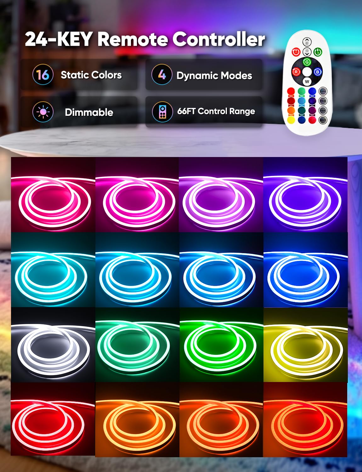 HeliosRibbon 50FT RGB LED Neon Rope Lights, Waterproof, Remote Control, IP65, Model HR-MNEON-RGB-15M