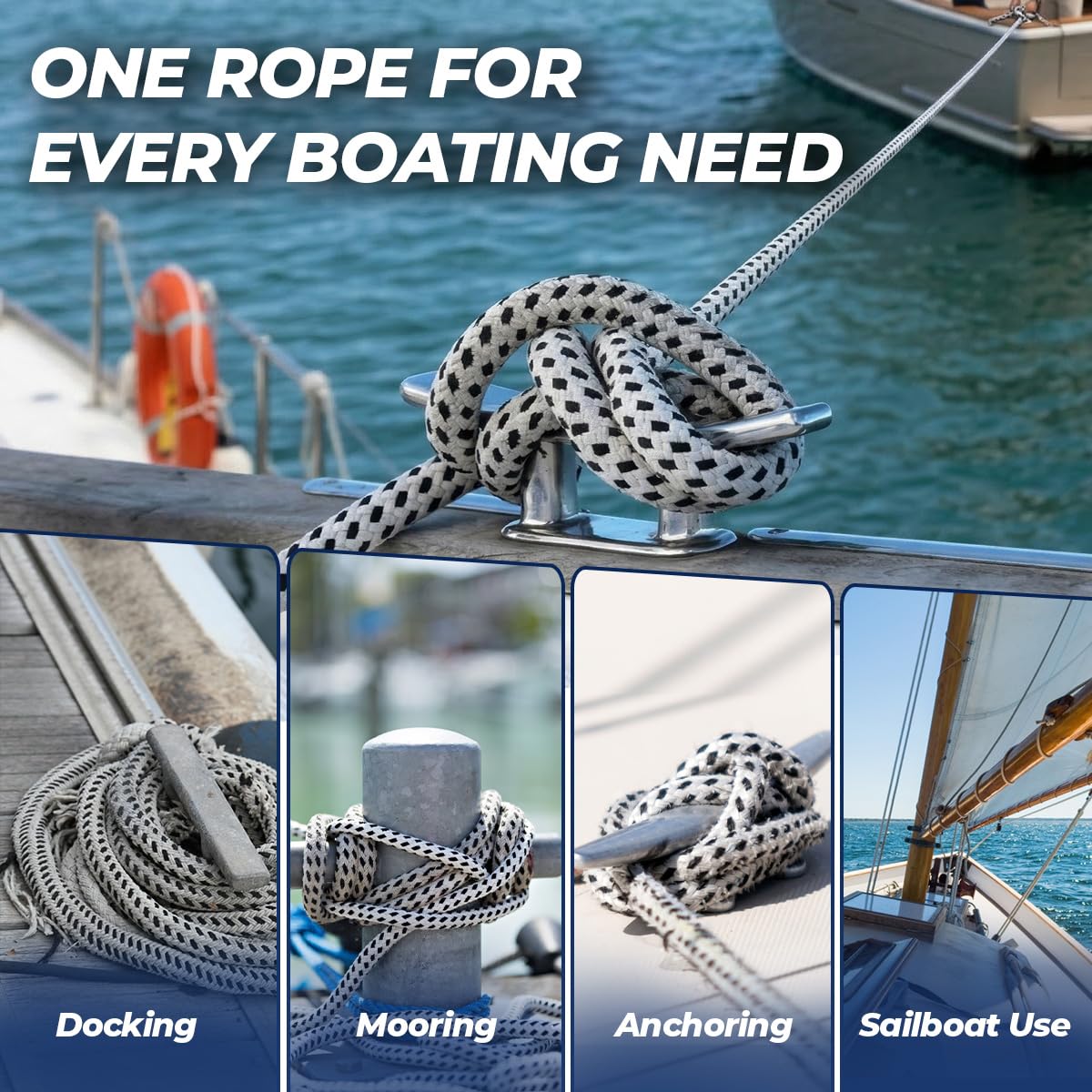 Boat Anchor Line 1/2" x 114 ft for 18–35 ft Boats – Double Braided Polyester Rope with Pre-Spliced Eye & 316 Stainless Steel Thimble, Marine Anchor Rope for Saltwater & Lake Use